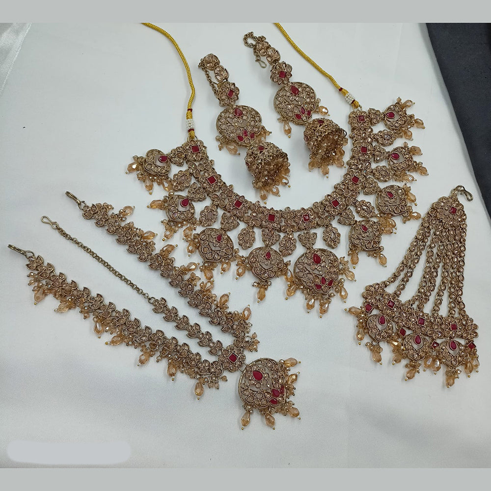 NAFJ Royal Crystal Stone And Beads Necklace Set With Earrings, Maang Tikka & Passa