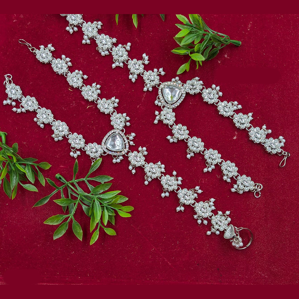 NAFJ Silver Plated Crystal Stone And Pearl Designer Hand Harness