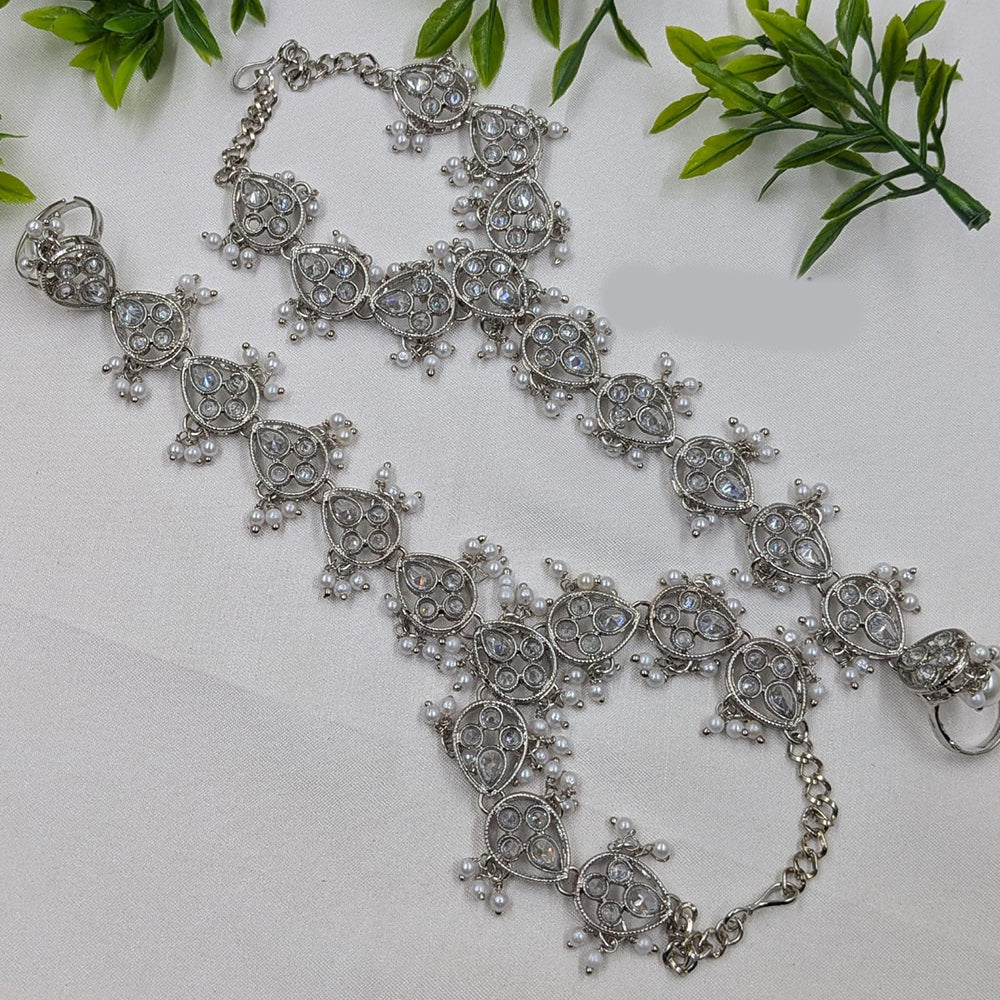 NAFJ Silver Plated Crystal Stone And Pearl Designer Hand Harness