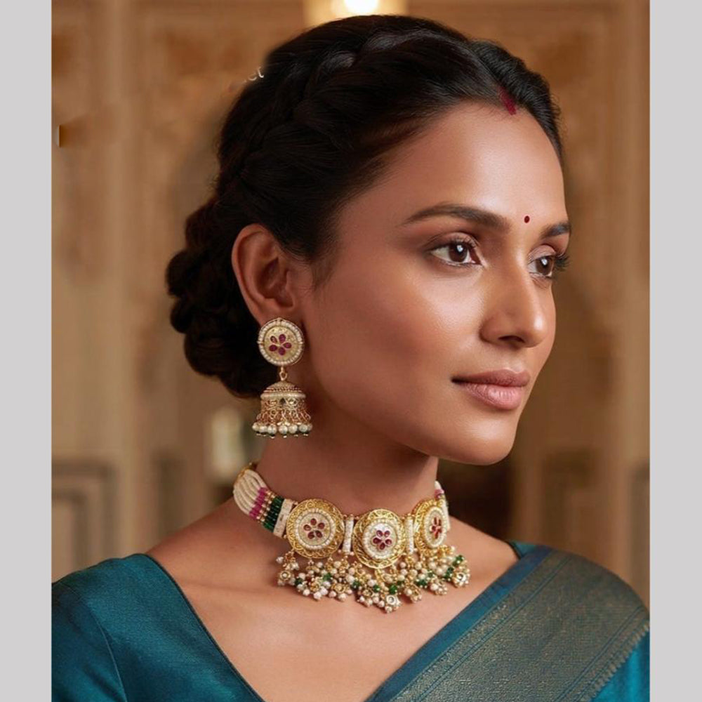 NAFJ Trendy Pota Stone And Pearl Meenakari Choker Necklace Set