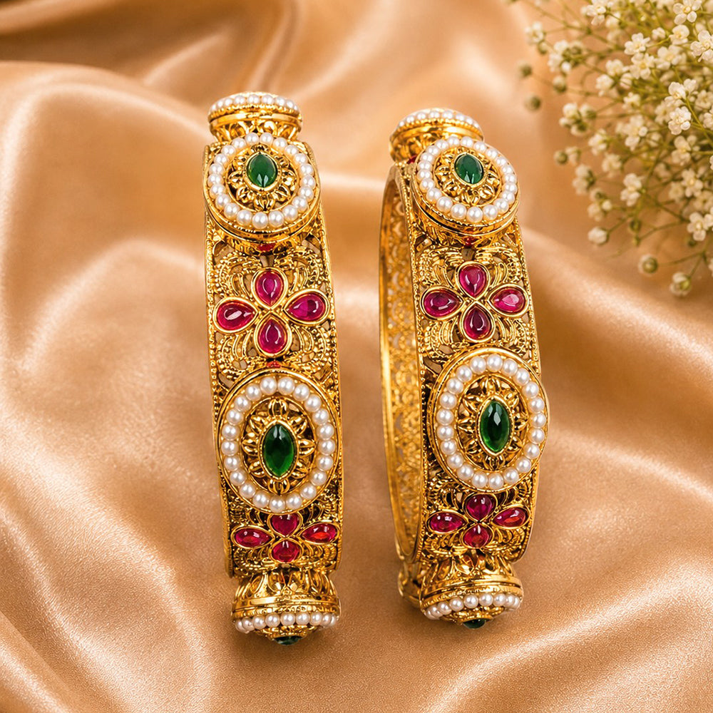 NAFJ Gold-Plated Pota Stone and Pearl Bangles Set for Women Traditional Indian Ethnic Jewelry (Copy) (Copy)