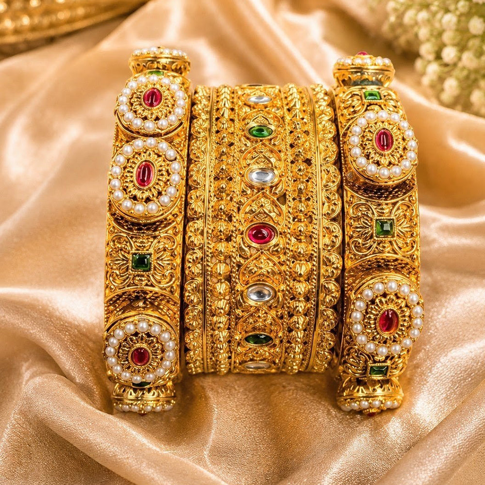 NAFJ Gold Plated Pota Stone & Pearl Bangles Set for Women Traditional Indian Ethnic Jewelry