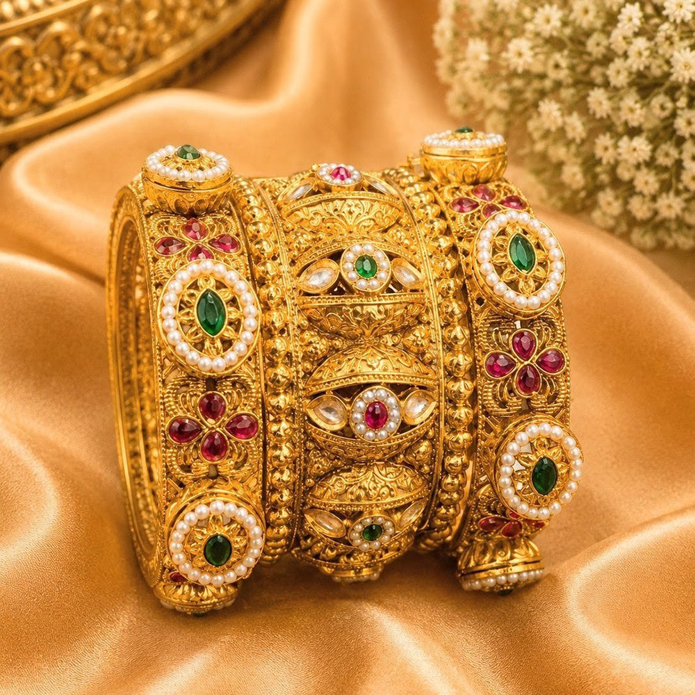 NAFJ Gold Plated Pota Stone & Pearl Bangles Set for Women Traditional Indian Ethnic Jewelry