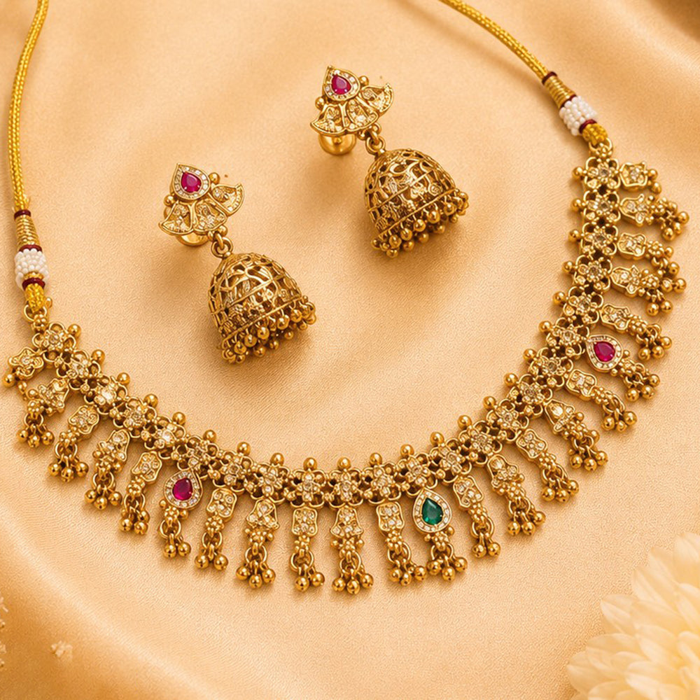 NAFJ Traditional Pota Kundan Stone Gold Plated Necklace Set for Women