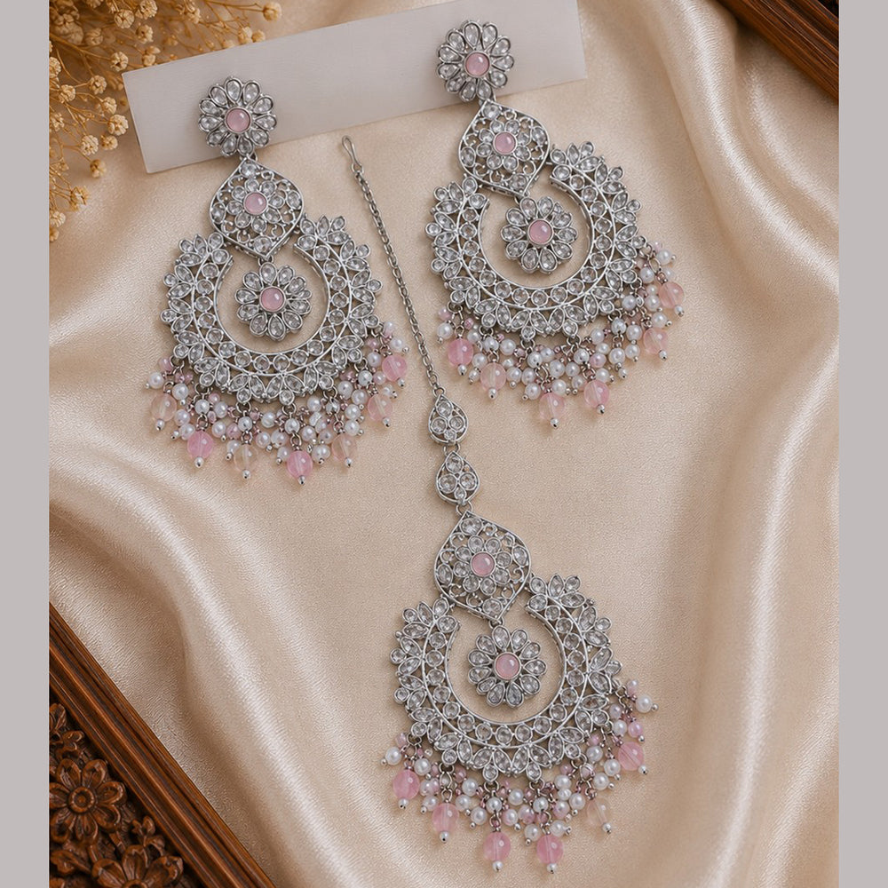 NAFJ Elegant Crystal Pearl And Beads Dangler Earrings With Matching Maangtikka