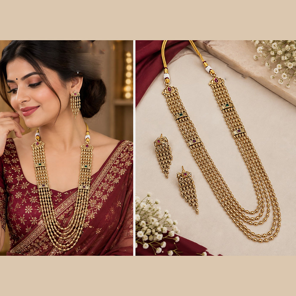NAFJ Traditional Pota Stone And Beads Long Necklace Set for Women