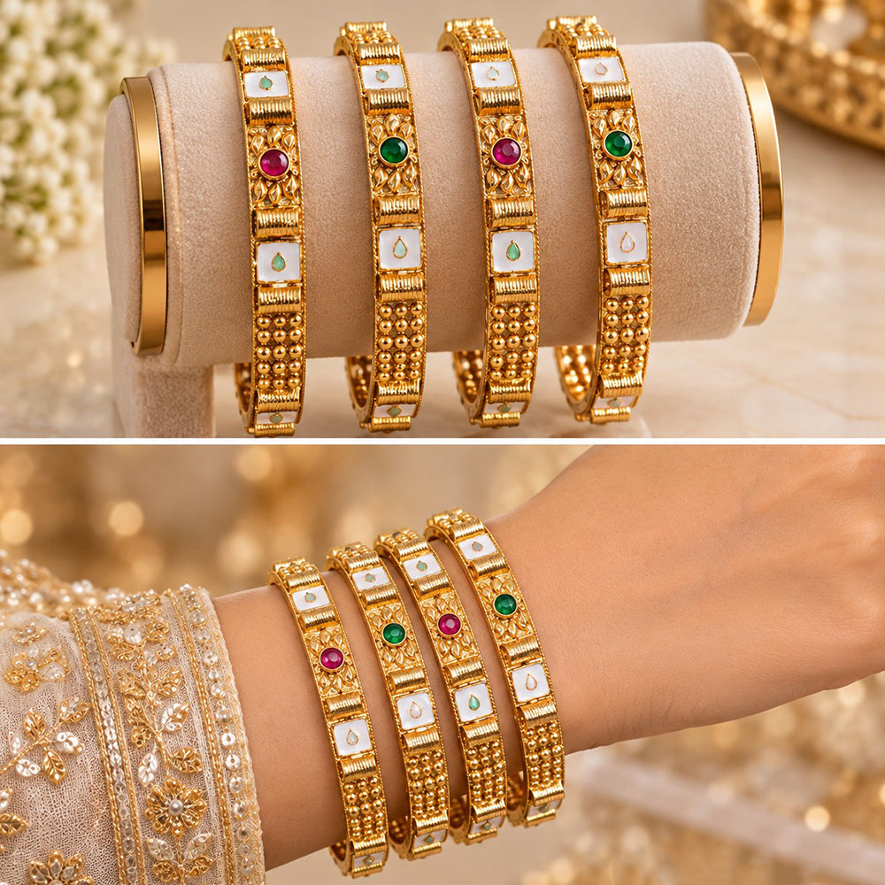 NAFJ Gold Plated Pota Stone Bangles Set for Women Traditional Indian Ethnic Jewelry