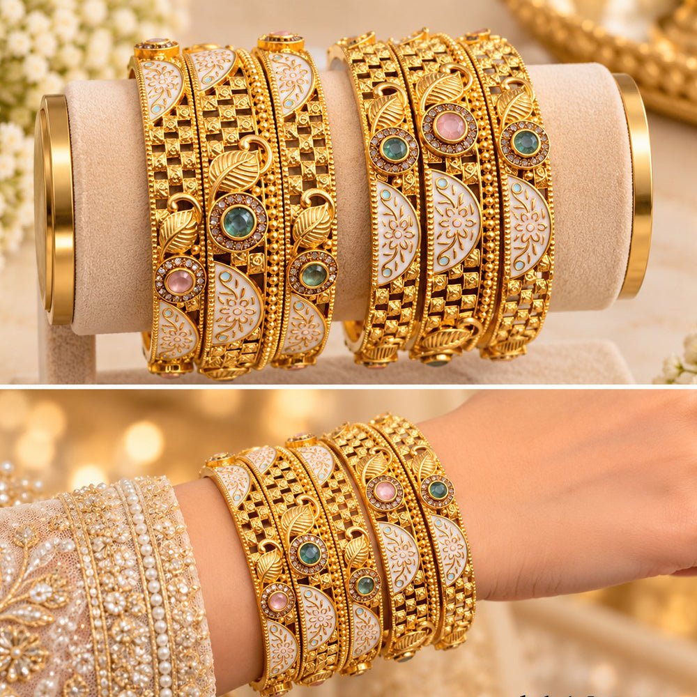 NAFJ Gold Plated Pota Stone And Meenakari Bangles Set
