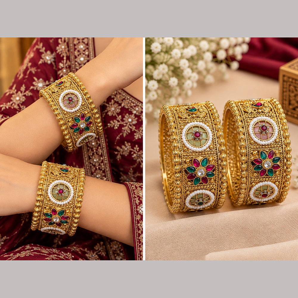 NAFJ Gold Plated Pota Stone And Pearl Openable Bangles Set for Women