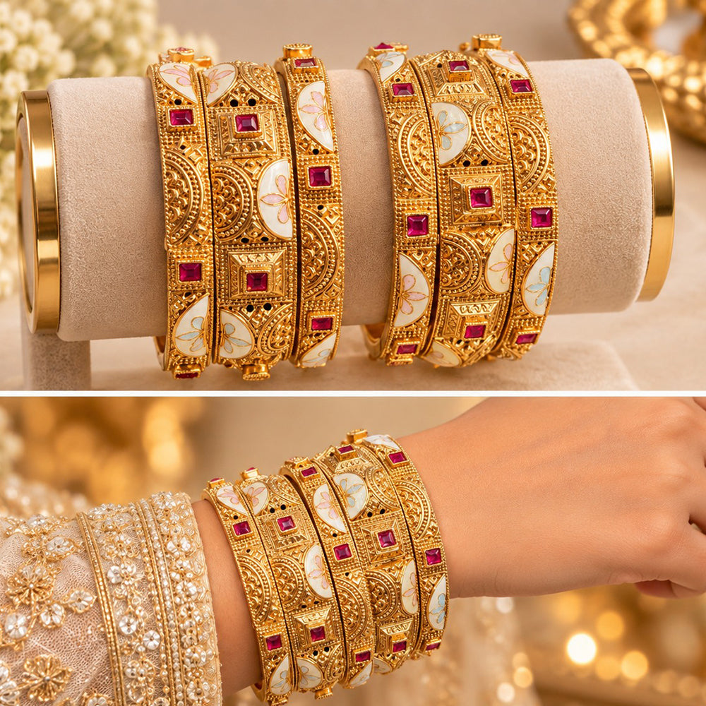 NAFJ Gold Plated Pota Stone And Meenakari Bangles Set
