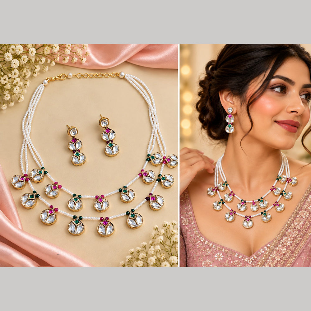 NAFJ Gorgeous Polki Stone Necklace Set With Pearl Detailing