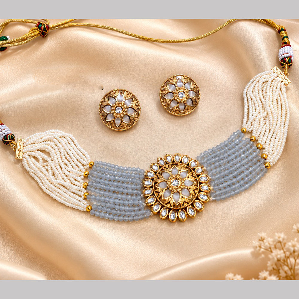 NAFJ Grand Polki Kundan Stone And Pearl Choker Necklace Set
