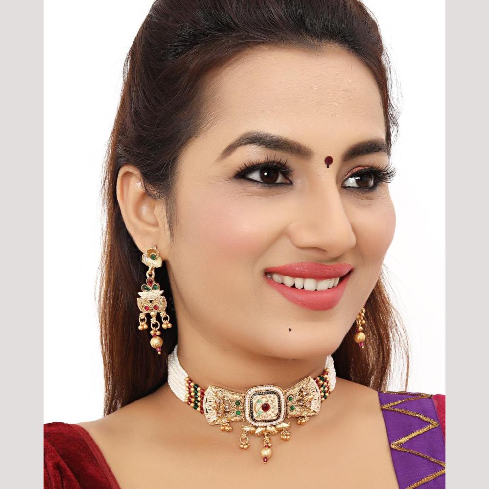 Bhagwati Bangles Gold Plated Pota Stone And Pearls Meenakari Choker Necklace Set