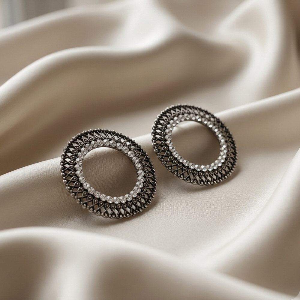 Urthn Oxidised Crystal Circle Stud Earrings(Pack of 6)