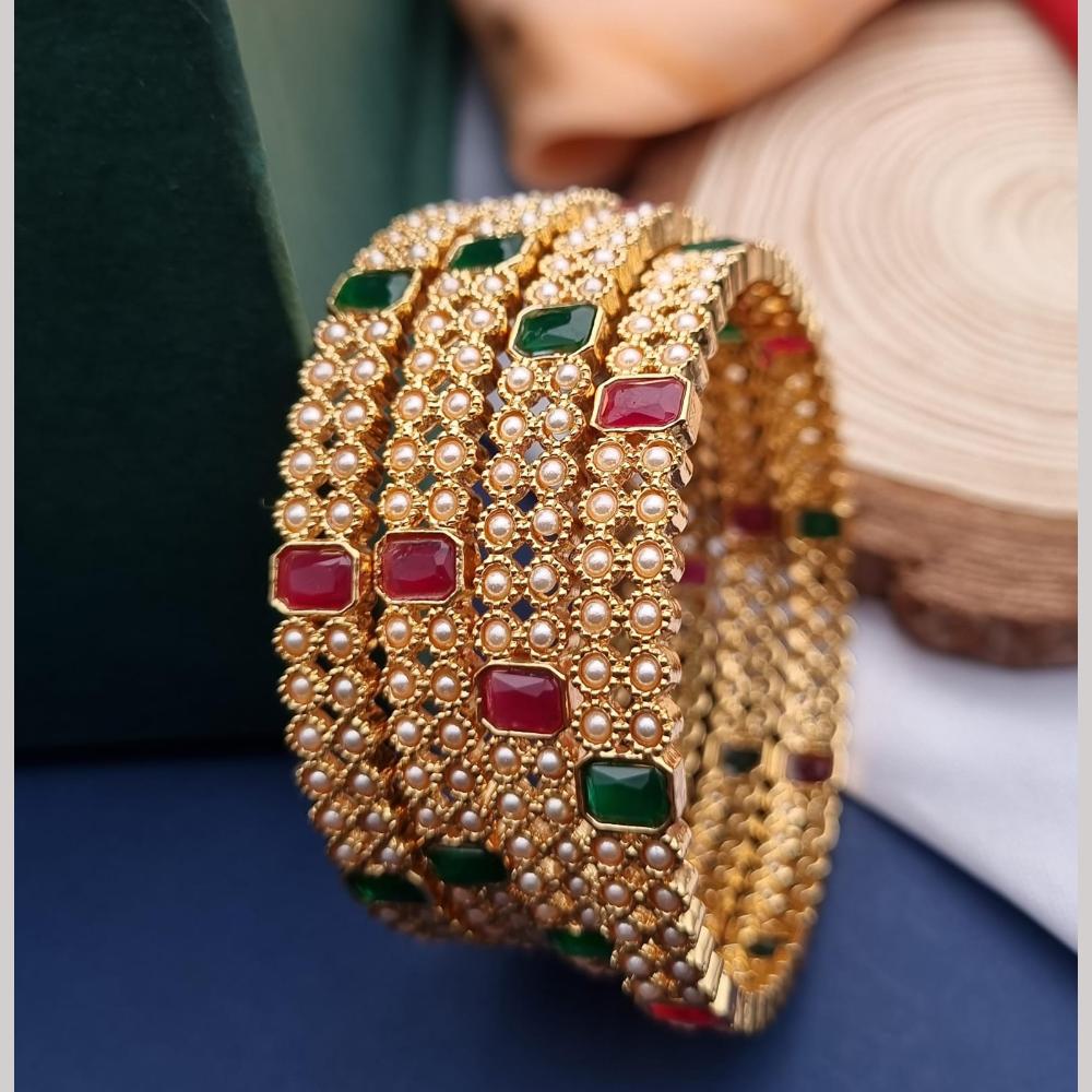 Reet Revaz Gold Plated Pota Stone And Pearl Bangles Set