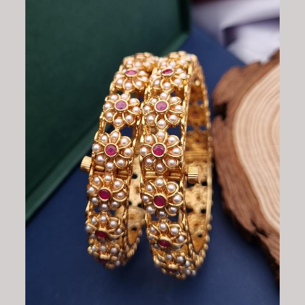 Reet Revaz Gold Plated Pota Stone And Pearl Openable Bangles Set