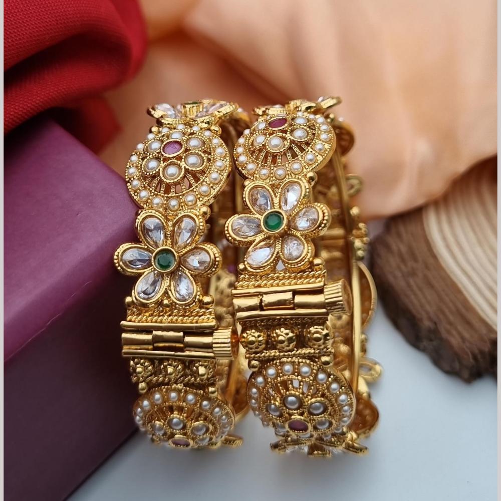 Reet Revaz Gold Plated Pota Stone And Pearl Openable Bangles Set