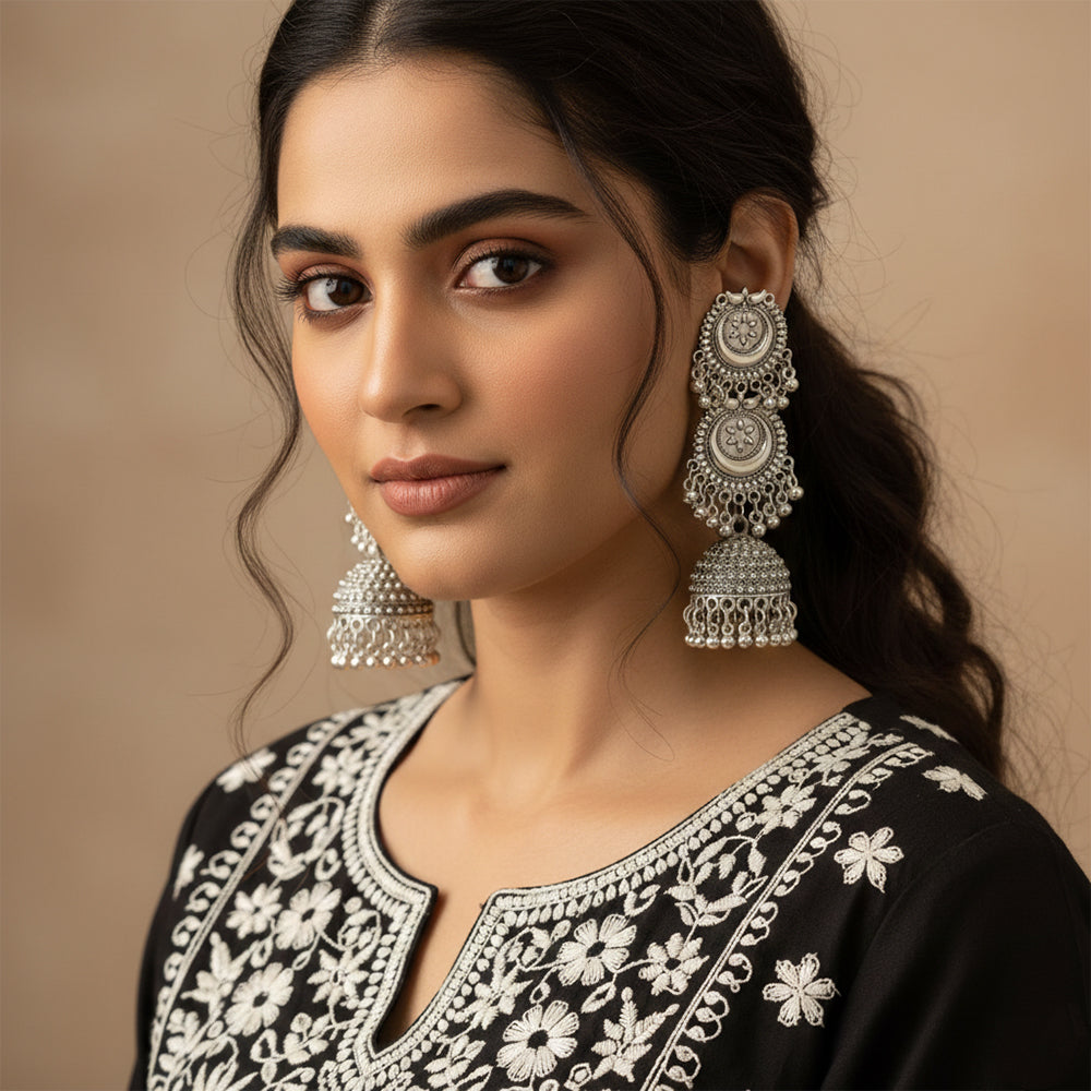 Urthn Stylish Oxidised Jhumka Earrings (Pack Of 6)