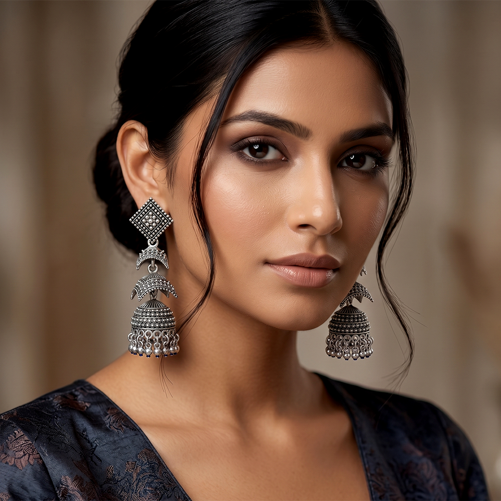 Urthn Oxidised Silver Traditional Jhumka Earrings for Women(Pack of 6)
