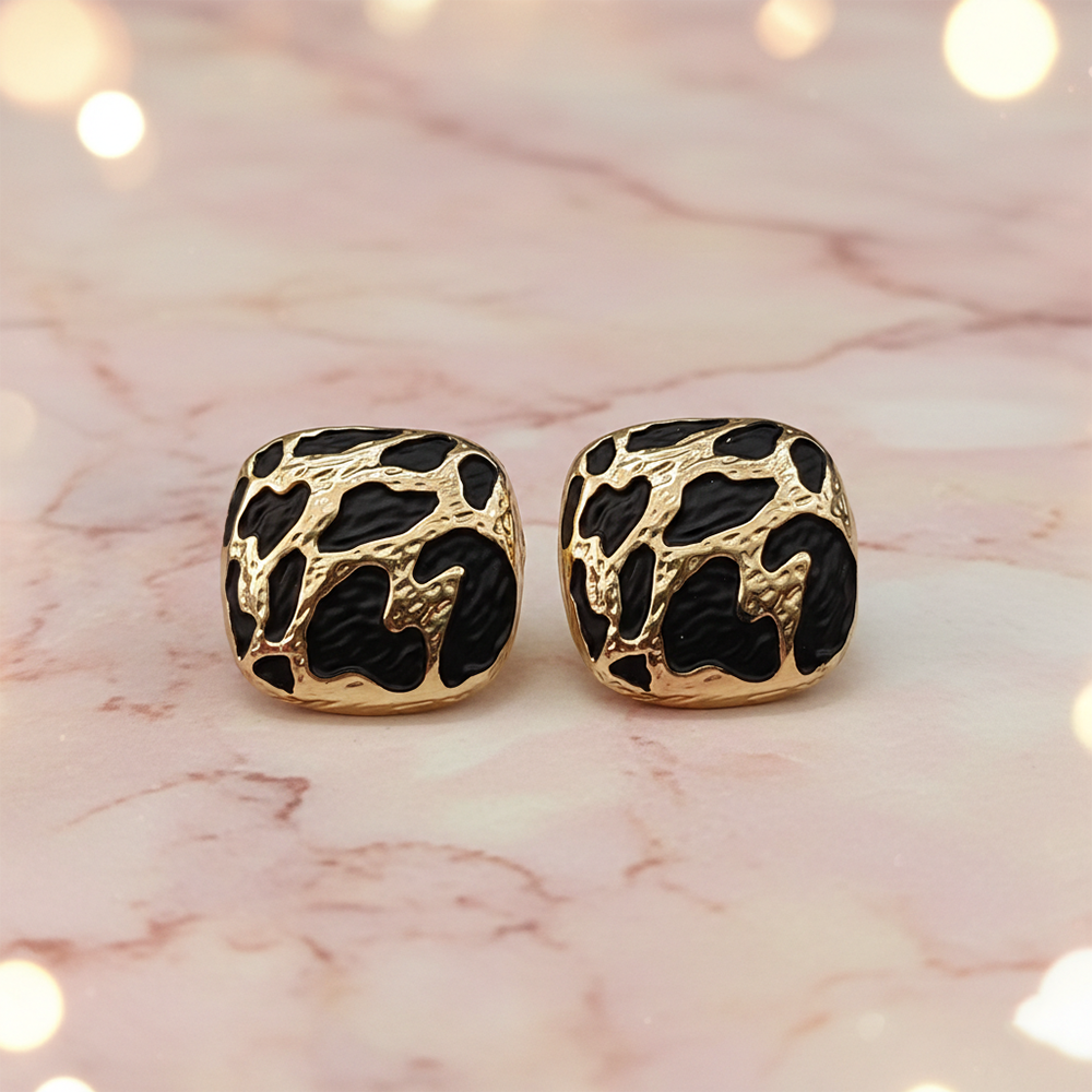 Urthn Classy Black Designer Statement Square Shape Gold Plated Studs(Pack of 3)