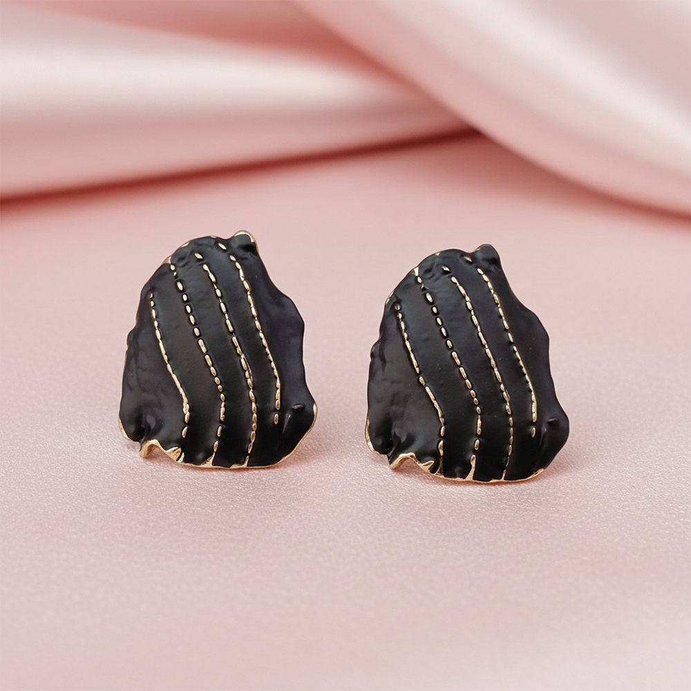 Urthn Artistic Black Enamel Gold Stroke Stud Gold Plated Earrings(Pack of 3)
