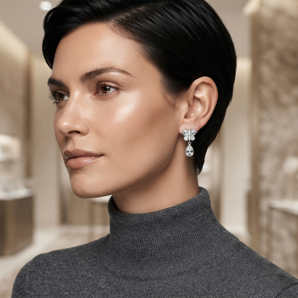 Darshana Jewels Silver Plated Crystal Butterfly Drop Earrings for Women (Set of 6)