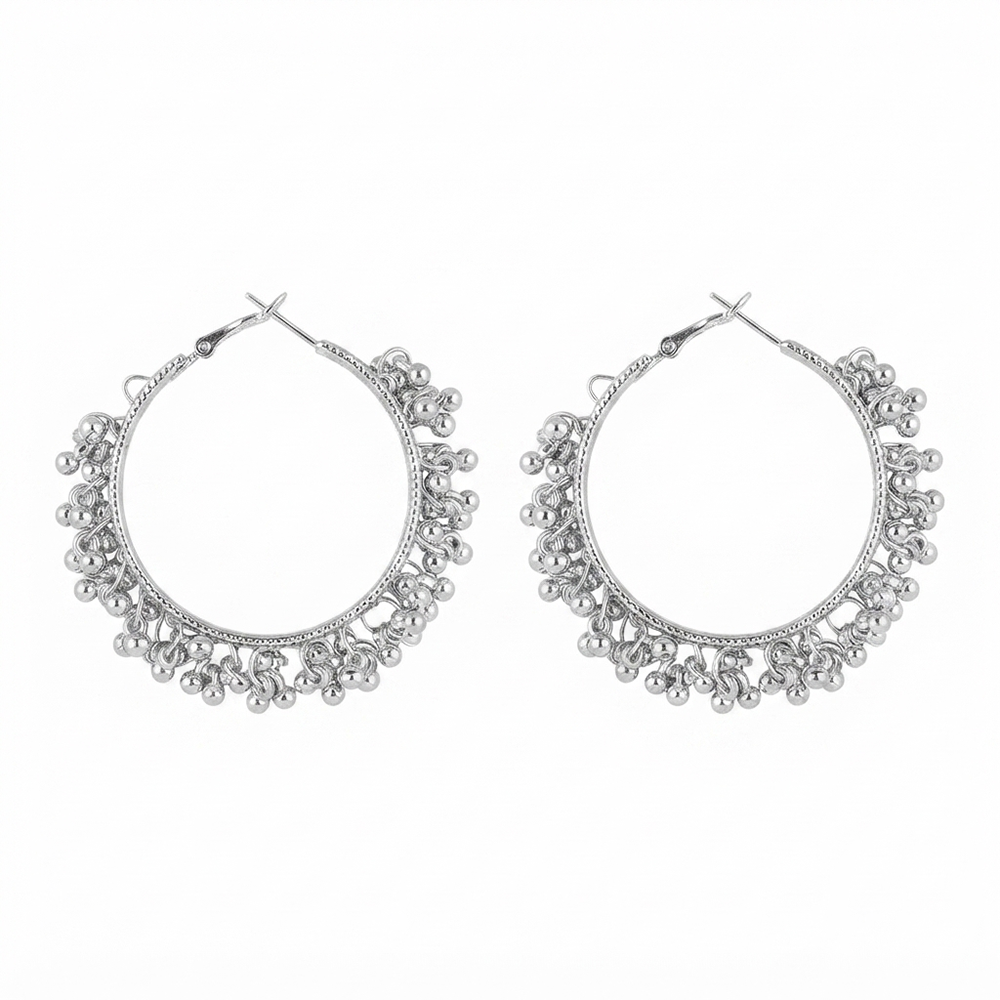 Darshana Jewels Ethnic Silver Beaded Hoop Earrings for Women (Set of 6)