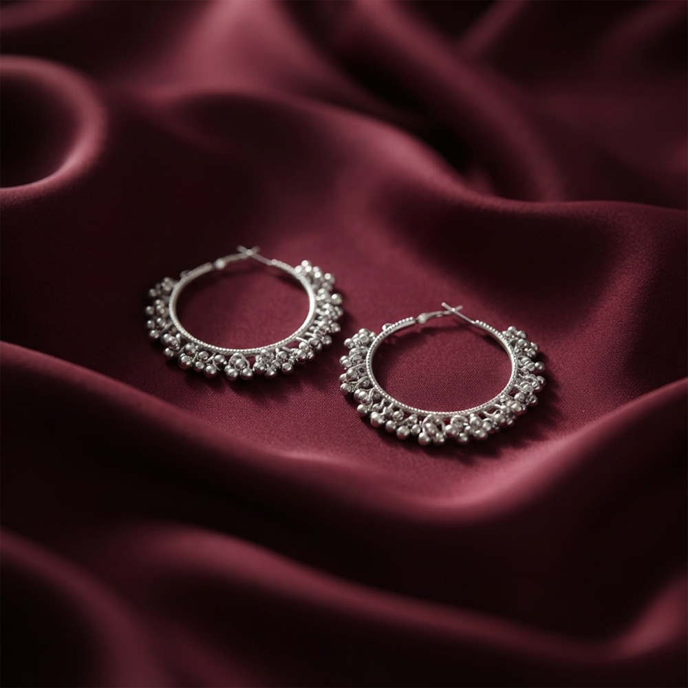 Darshana Jewels Ethnic Silver Beaded Hoop Earrings for Women (Set of 6)