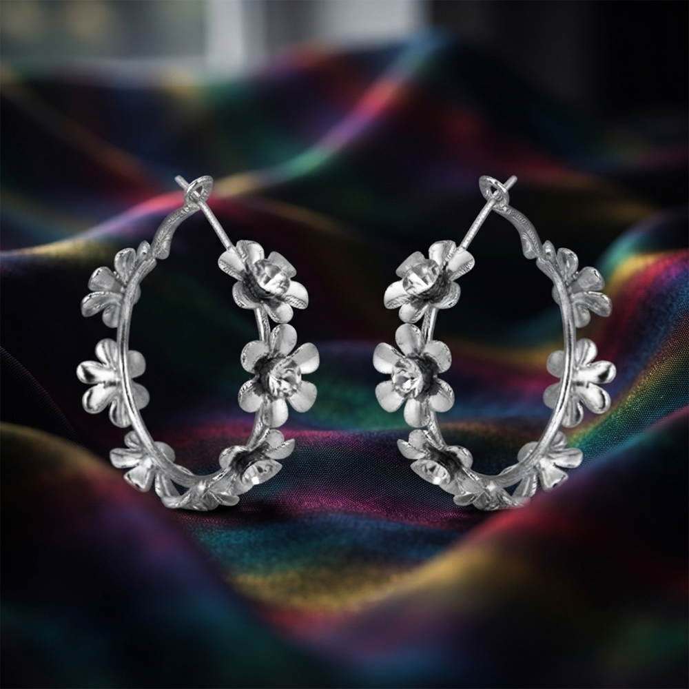 Darshana Jewels Silver Floral Austrian Stone Hoop Earrings for Women (Set of 6)