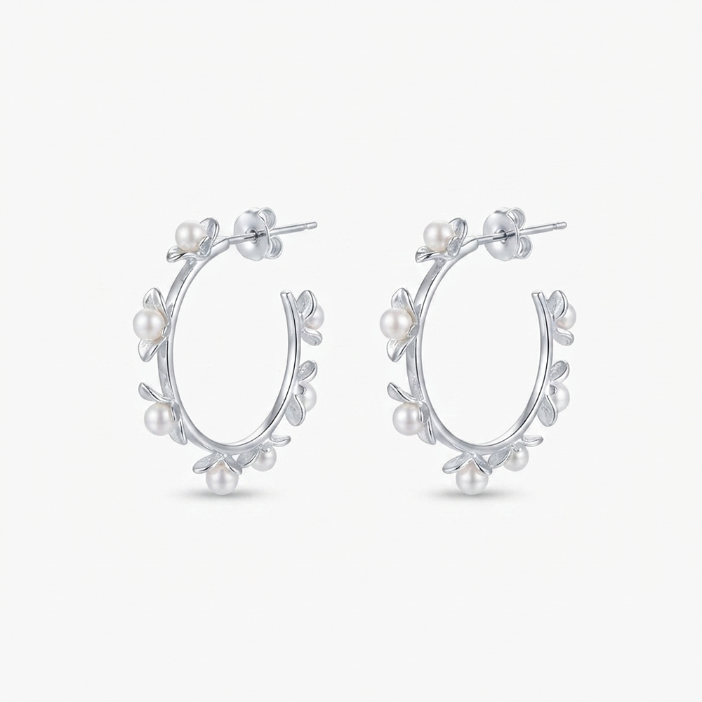 Darshana Jewels Silver Floral Pearl Hoop Earrings for Women (Set of 6)