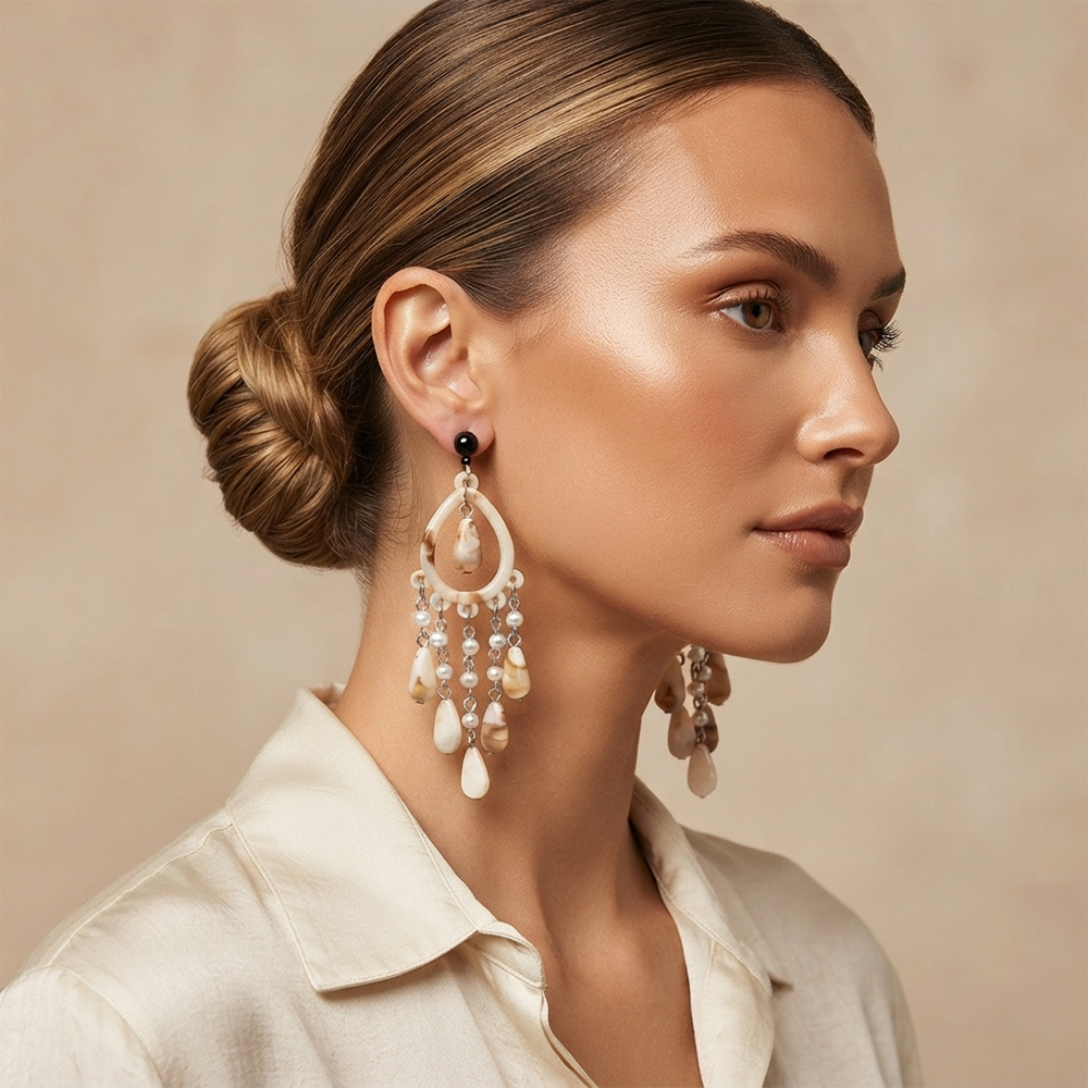 Darshana Jewels Bohemian Shell & Pearl Drop Dangler Earrings for Women (Set of 6)