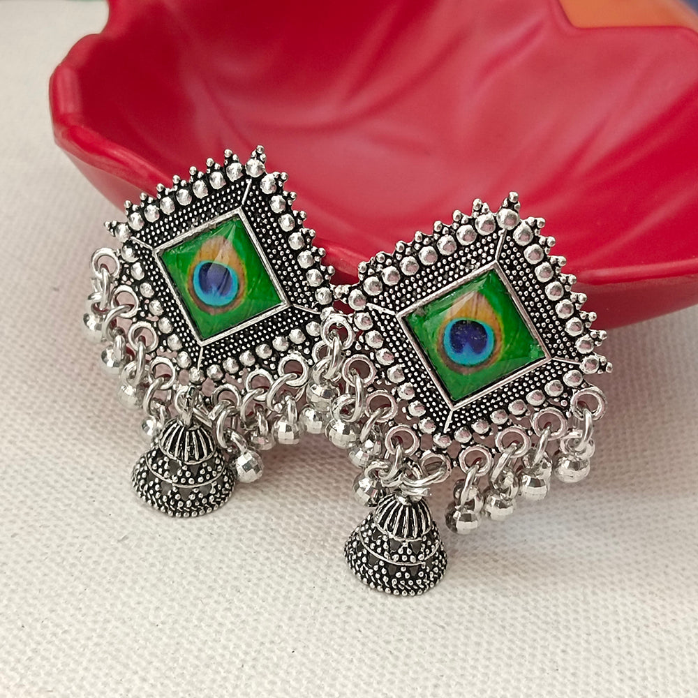 Darshana Jewels Oxidised Plated Peacock Style Jhumki Earrings ( Pack Of 6 )