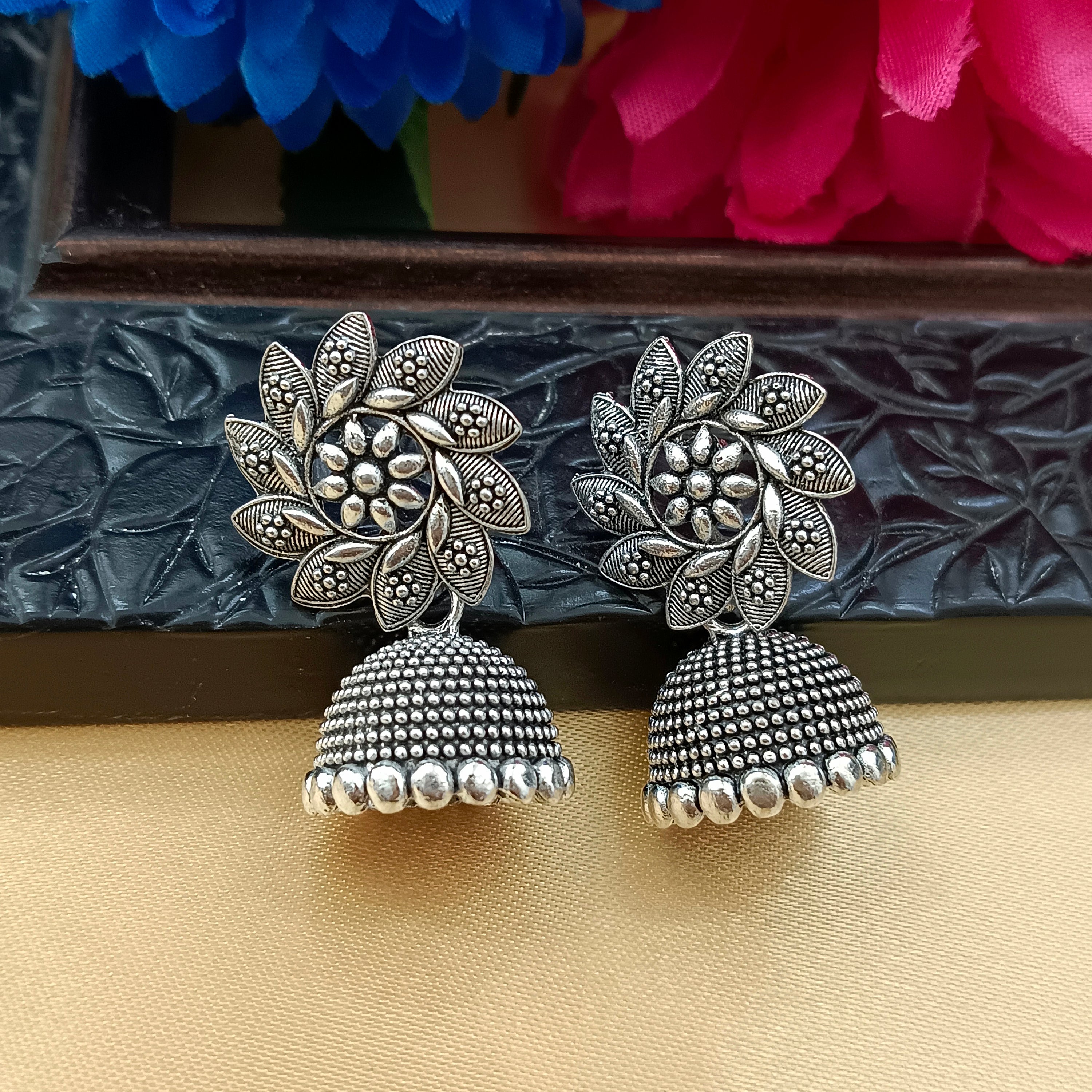 Darshana Jewels Oxidised Plated Floral Jhumki Earrings(Pack of 6)