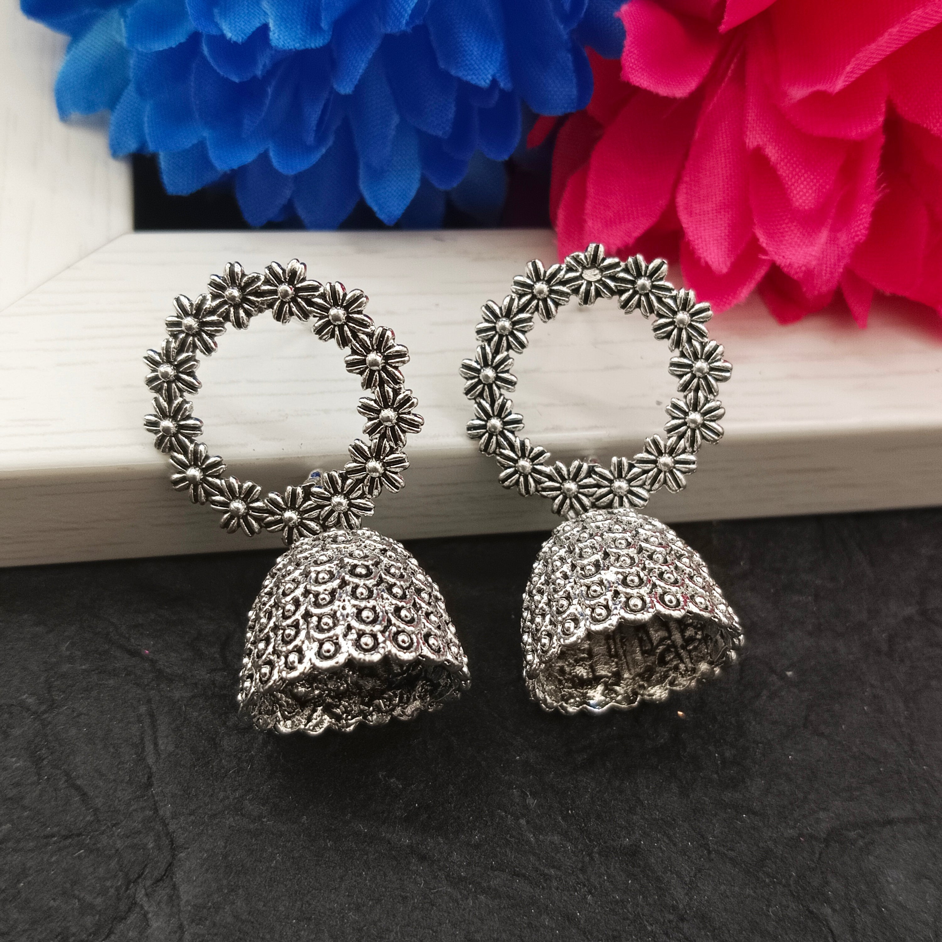 Darshana Jewels Oxidised Plated Round Shape Jhumki Earrings(Pack of 6)