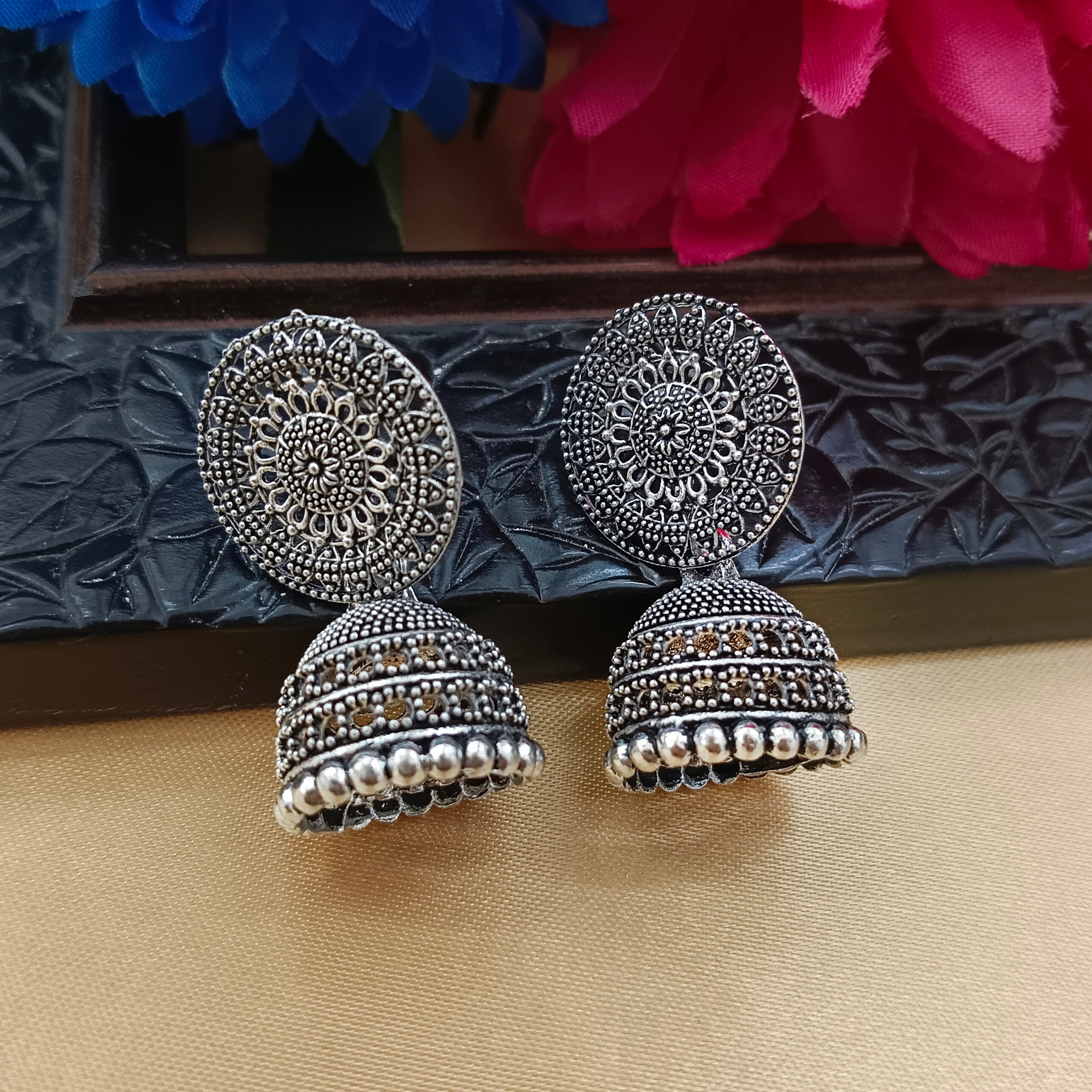 Darshana Jewels Oxidised Plated Oval DesignJhumki Earrings(Pack of 6)