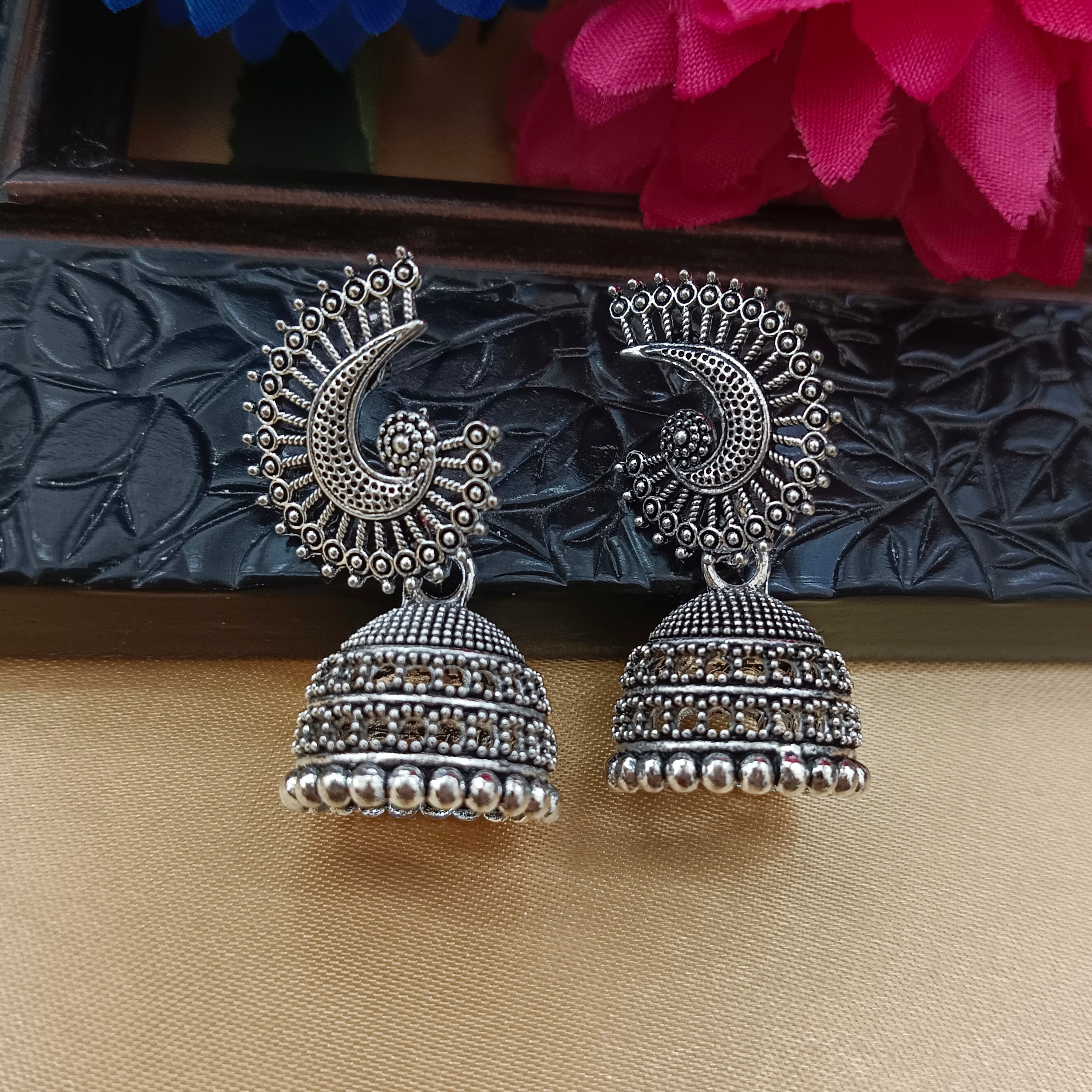 Darshana Jewels Oxidised Plated Peacock Jhumki Earrings(Pack of 6)