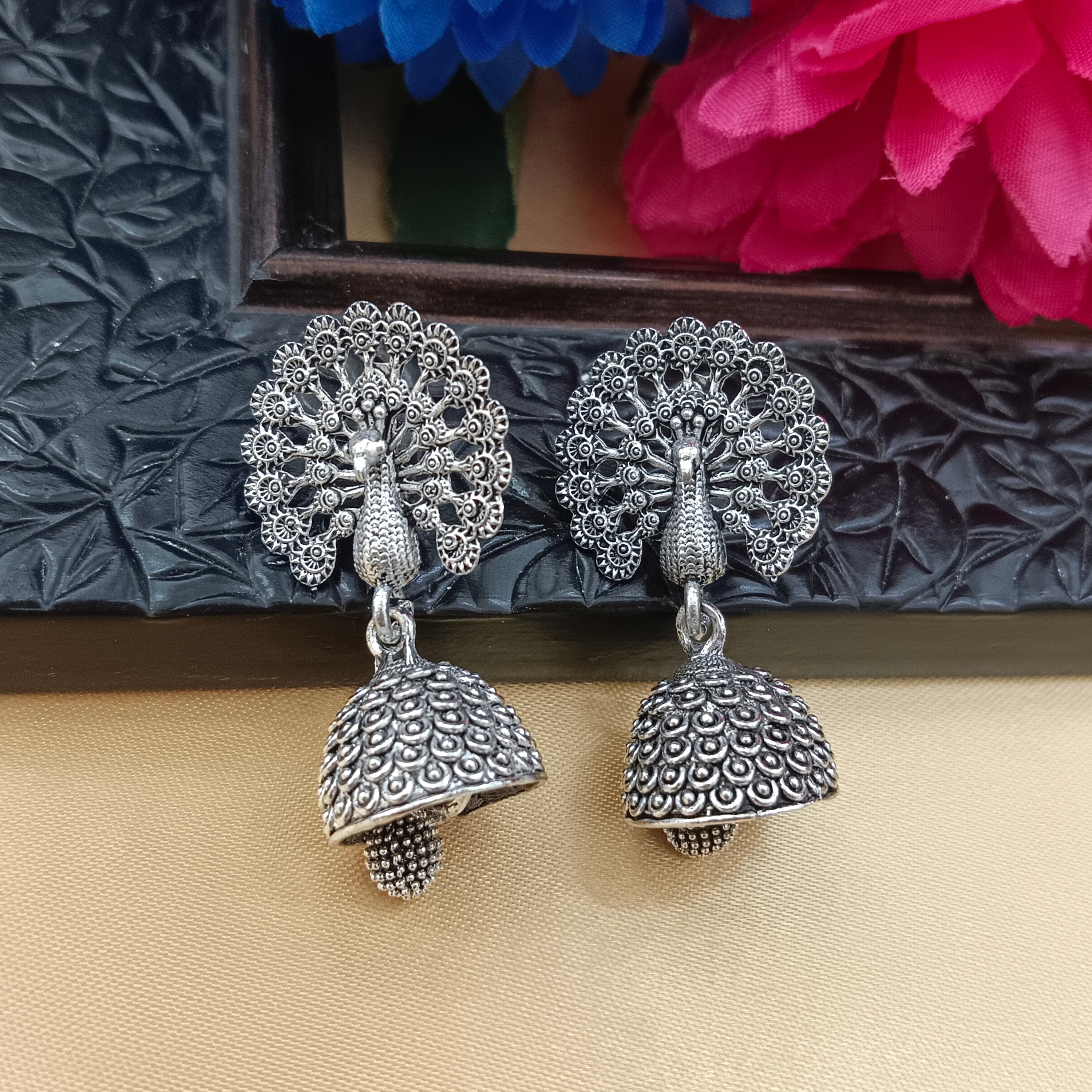Darshana Jewels Oxidised Plated Peacock Jhumki Earrings(Pack of 6)