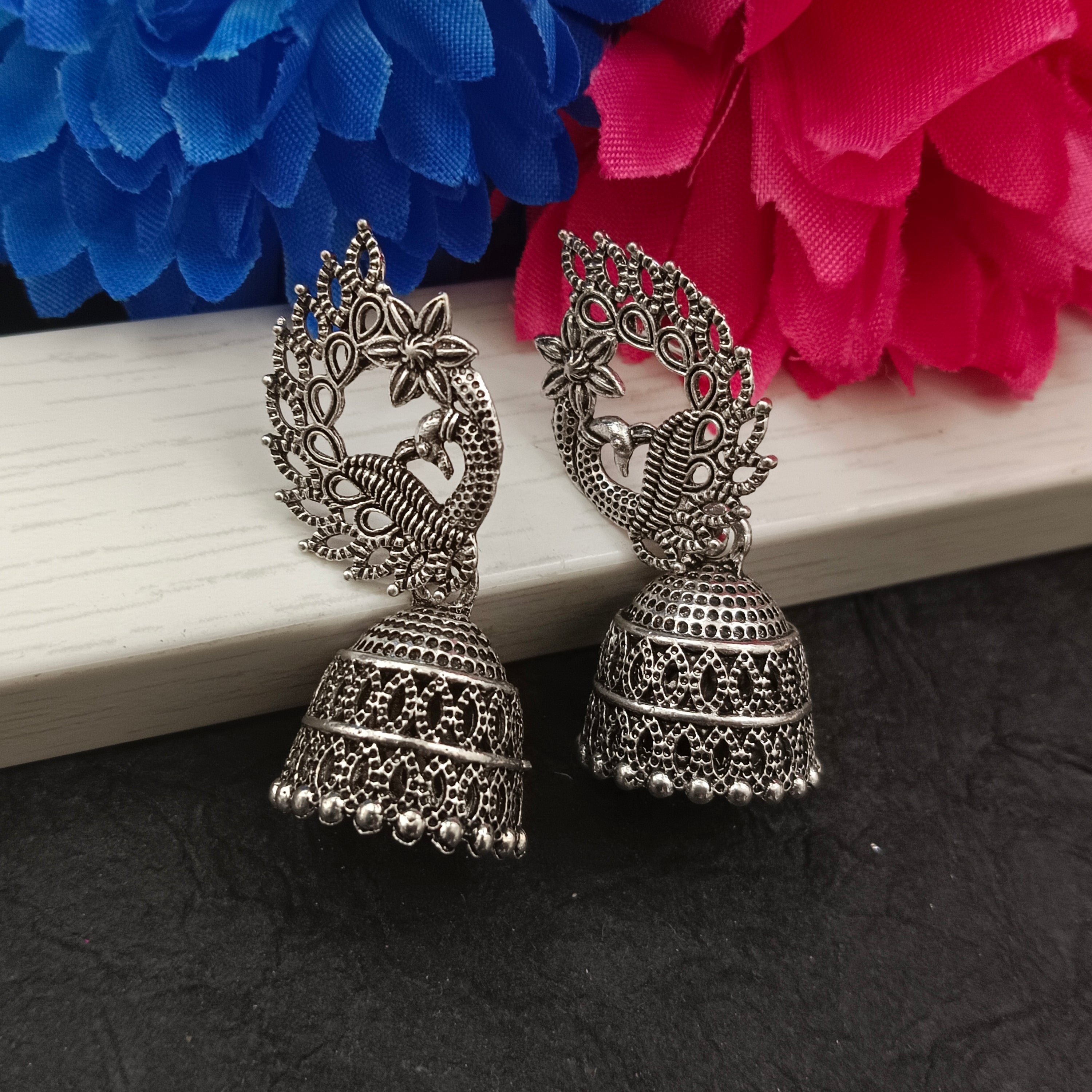 Darshana Jewels Oxidised Plated Peacock Jhumki Earrings(Pack of 6)
