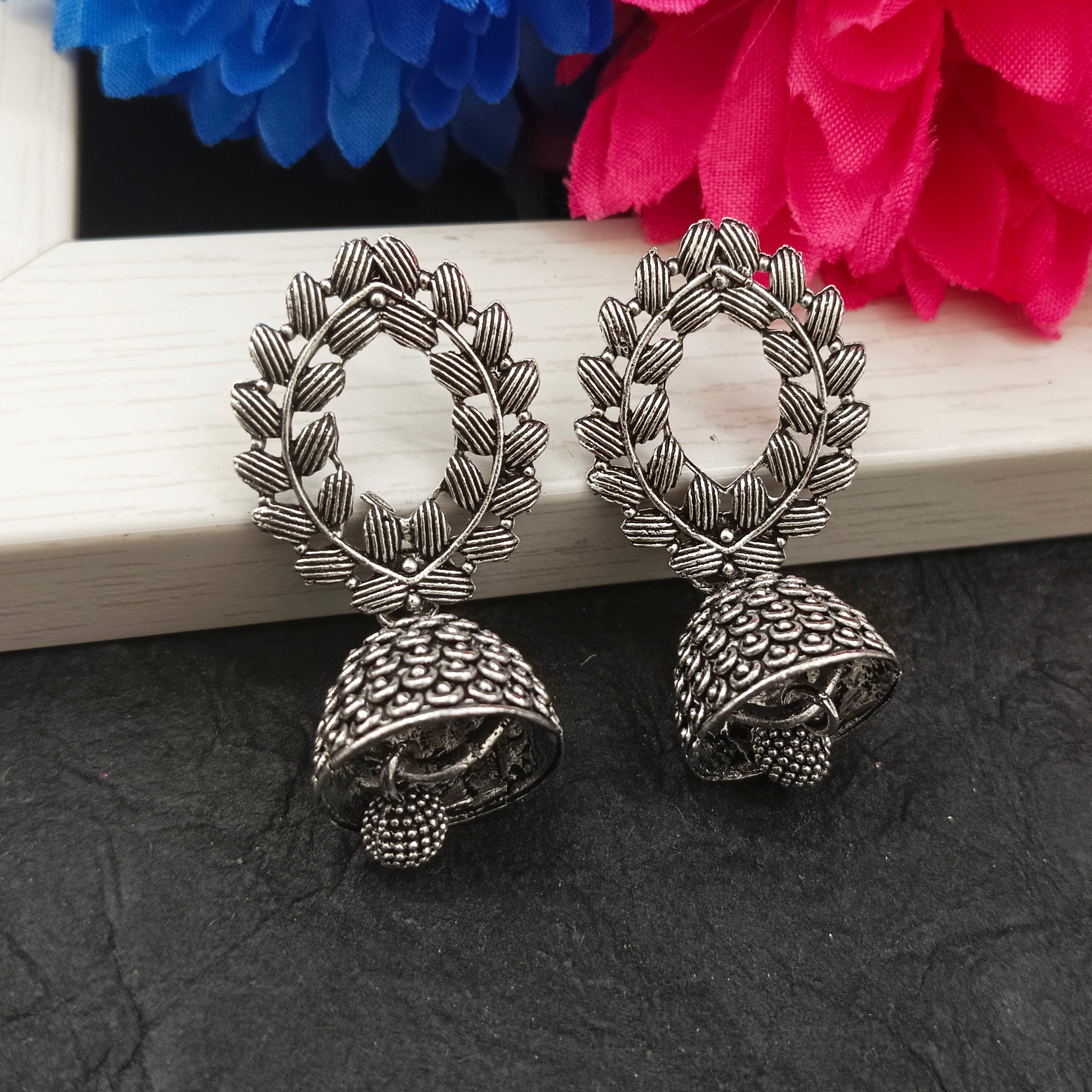 Darshana Jewels Oxidised Plated Floral Jhumki Earrings(Pack of 6)