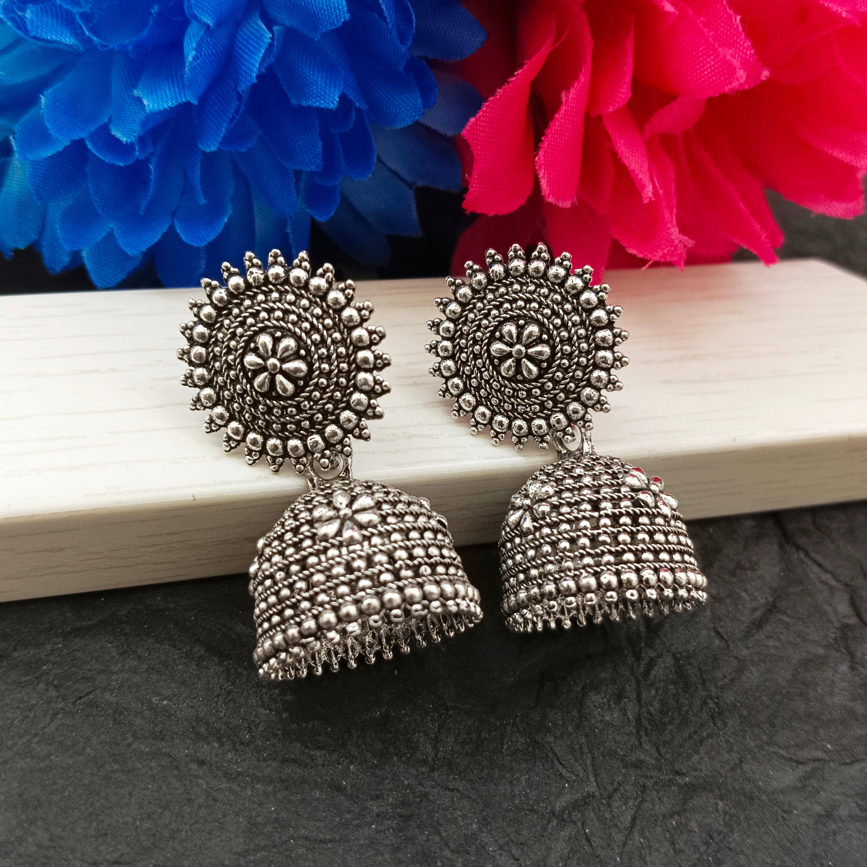 Darshana Jewels Oxidised Plated Floral Jhumki Earrings(Pack of 6)