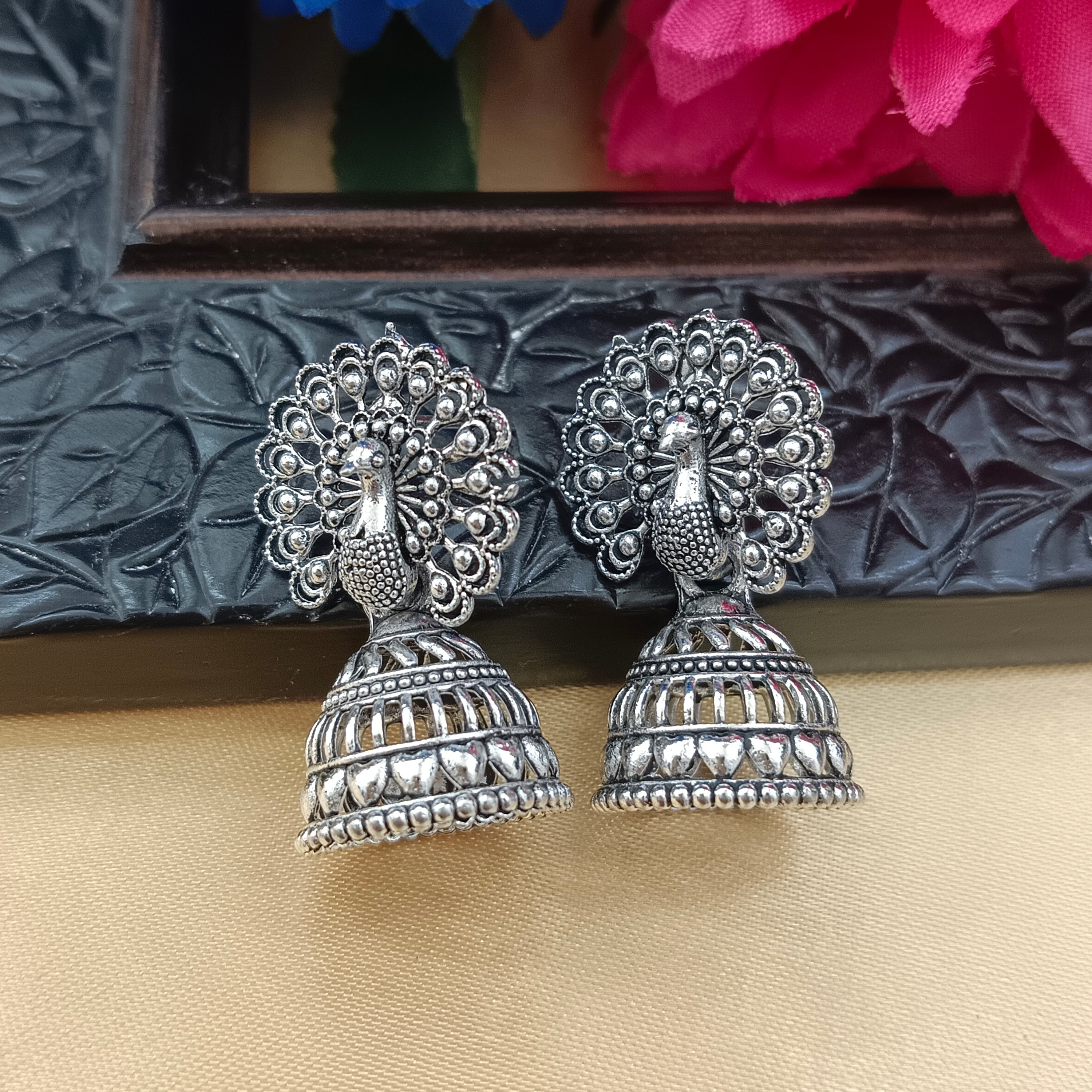 Darshana Jewels Oxidised Plated Peacock Jhumki Earrings(Pack of 6)