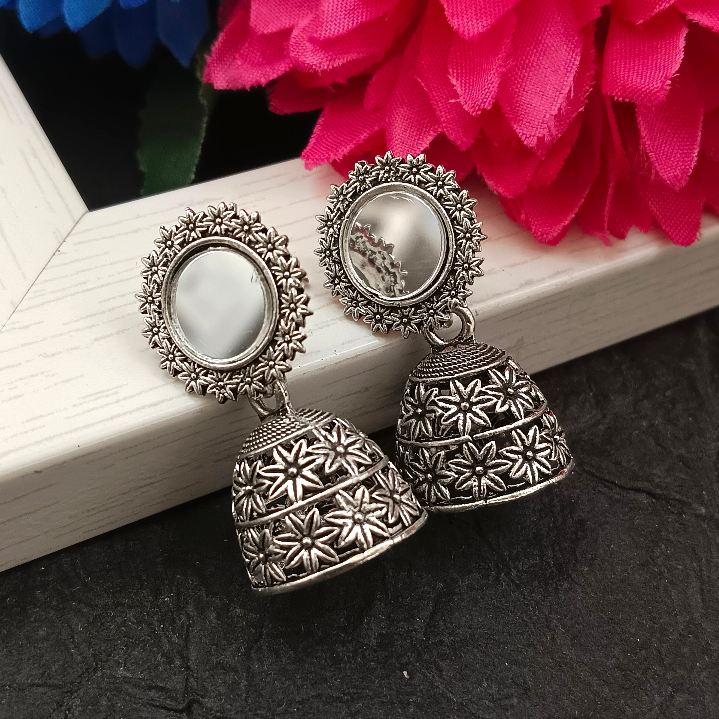 Darshana Jewels Oxidised Plated Mirror Jhumki Earrings(Pack of 6)