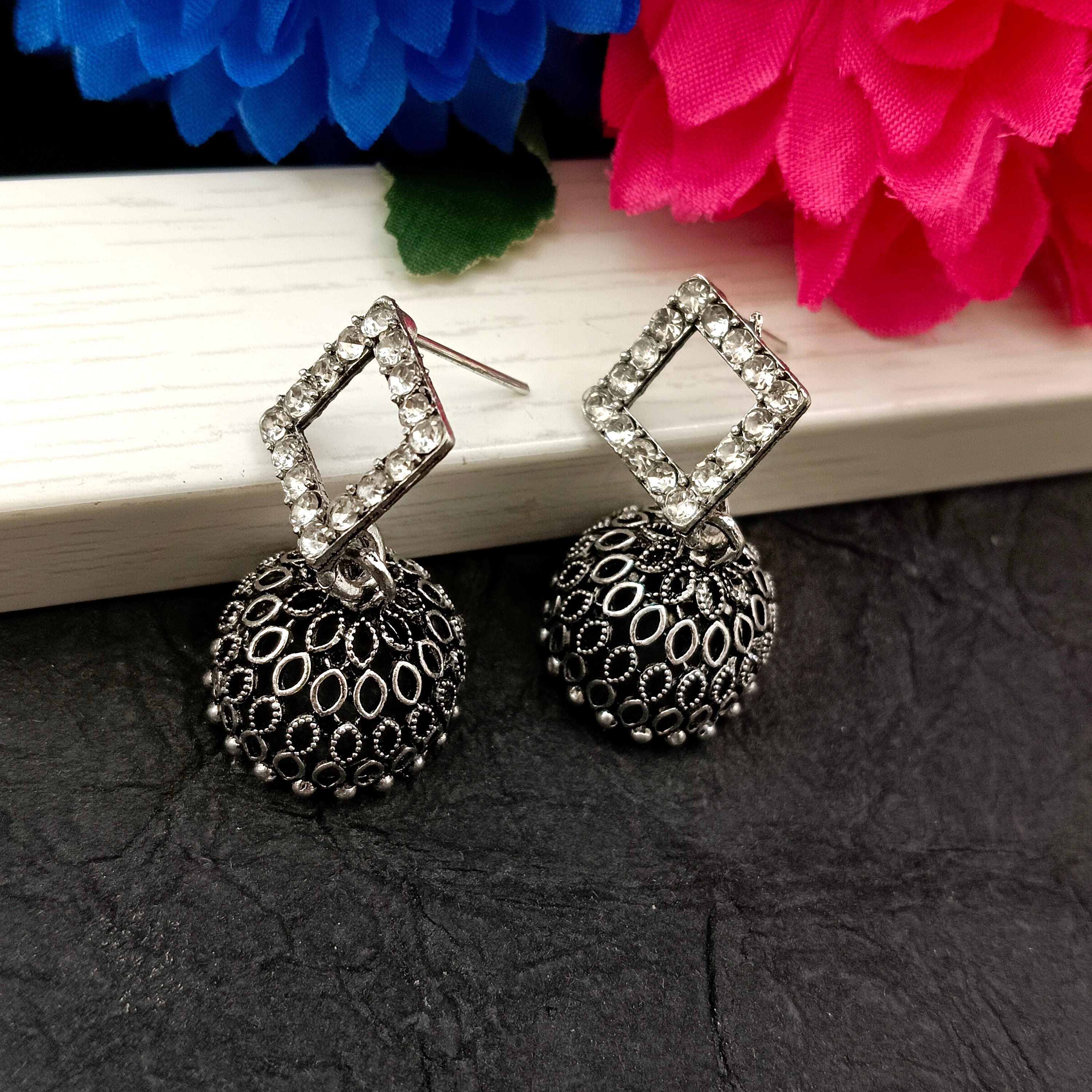 Darshana Jewels Oxidised Plated Square Austrian Stone Jhumki Earrings(Pack of 6)