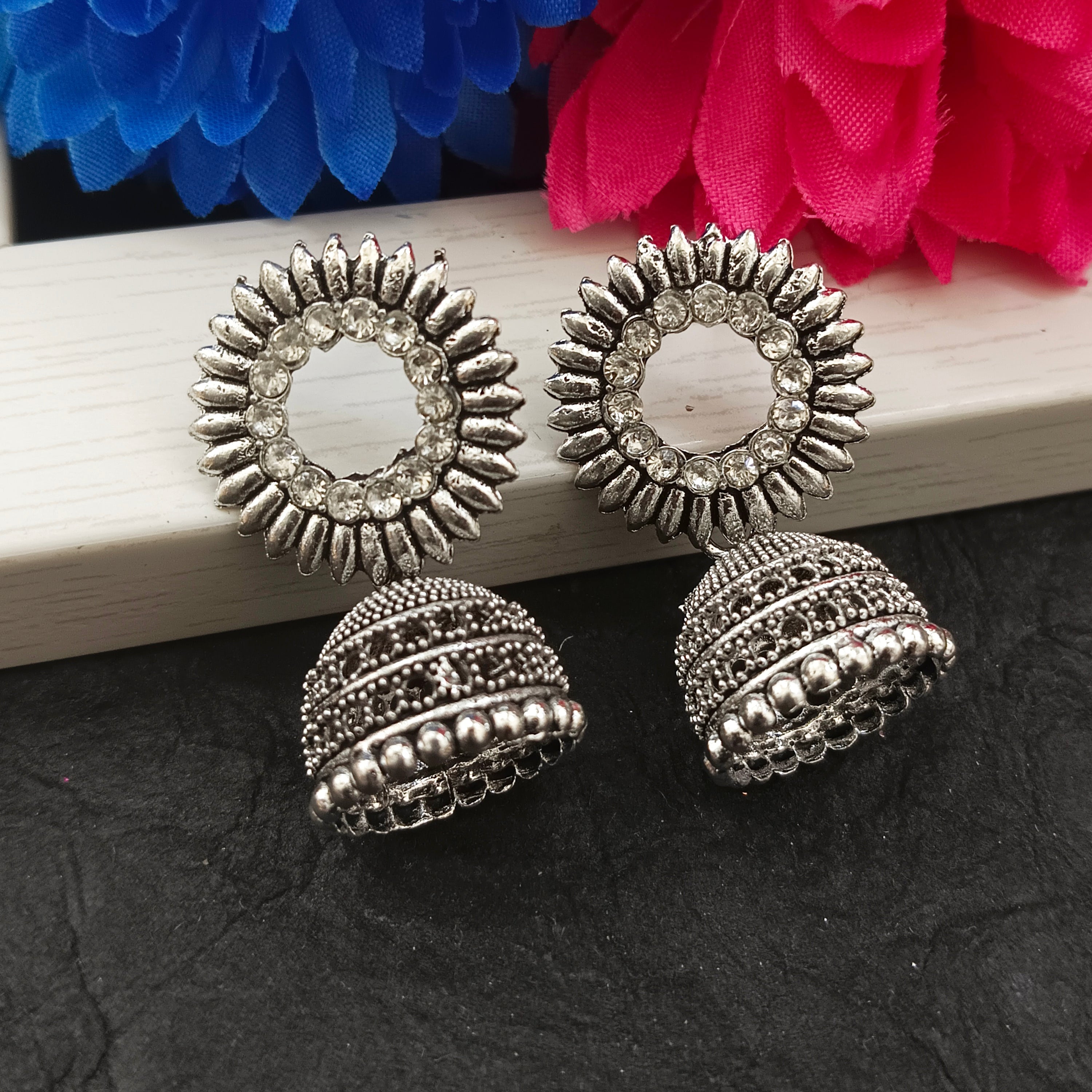 Darshana Jewels Oxidised Plated Round Shape Jhumki Earrings(Pack of 6)