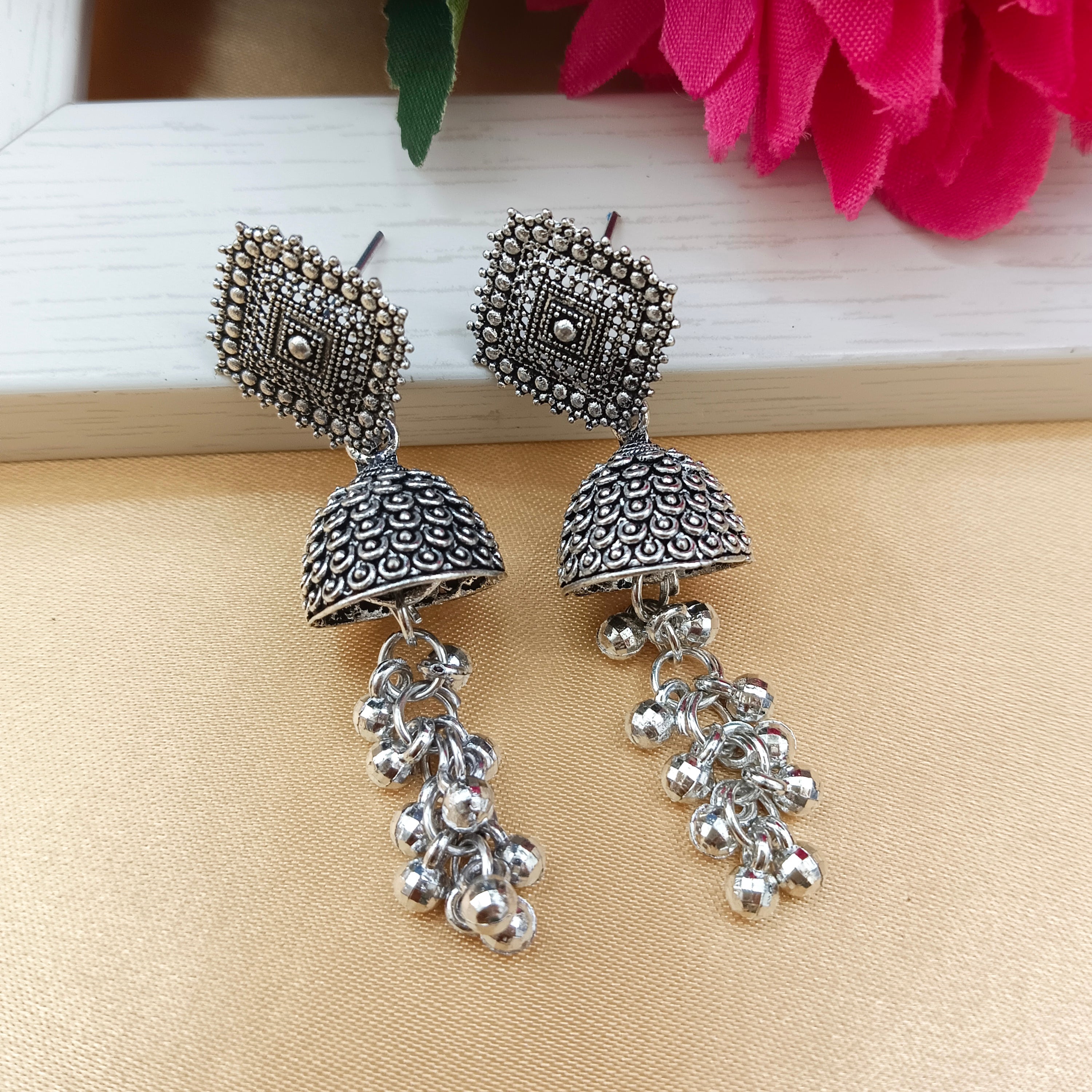 Darshana Jewels Oxidised Plated Square Shape Ghungroo Latkan Jhumki Earrings(Pack of 6)