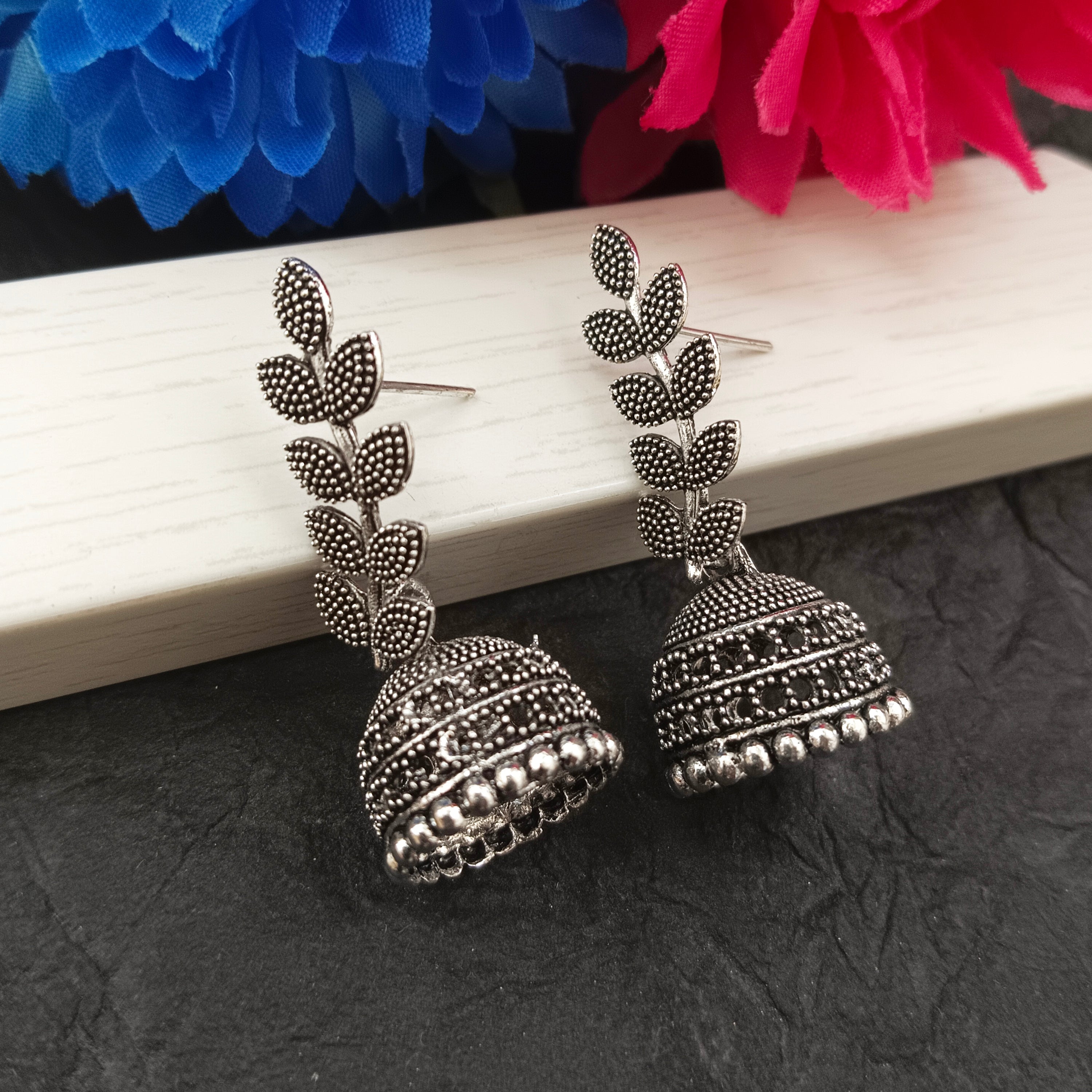 Darshana Jewels Oxidised Plated Leaves DesignJhumki Earrings(Pack of 6)
