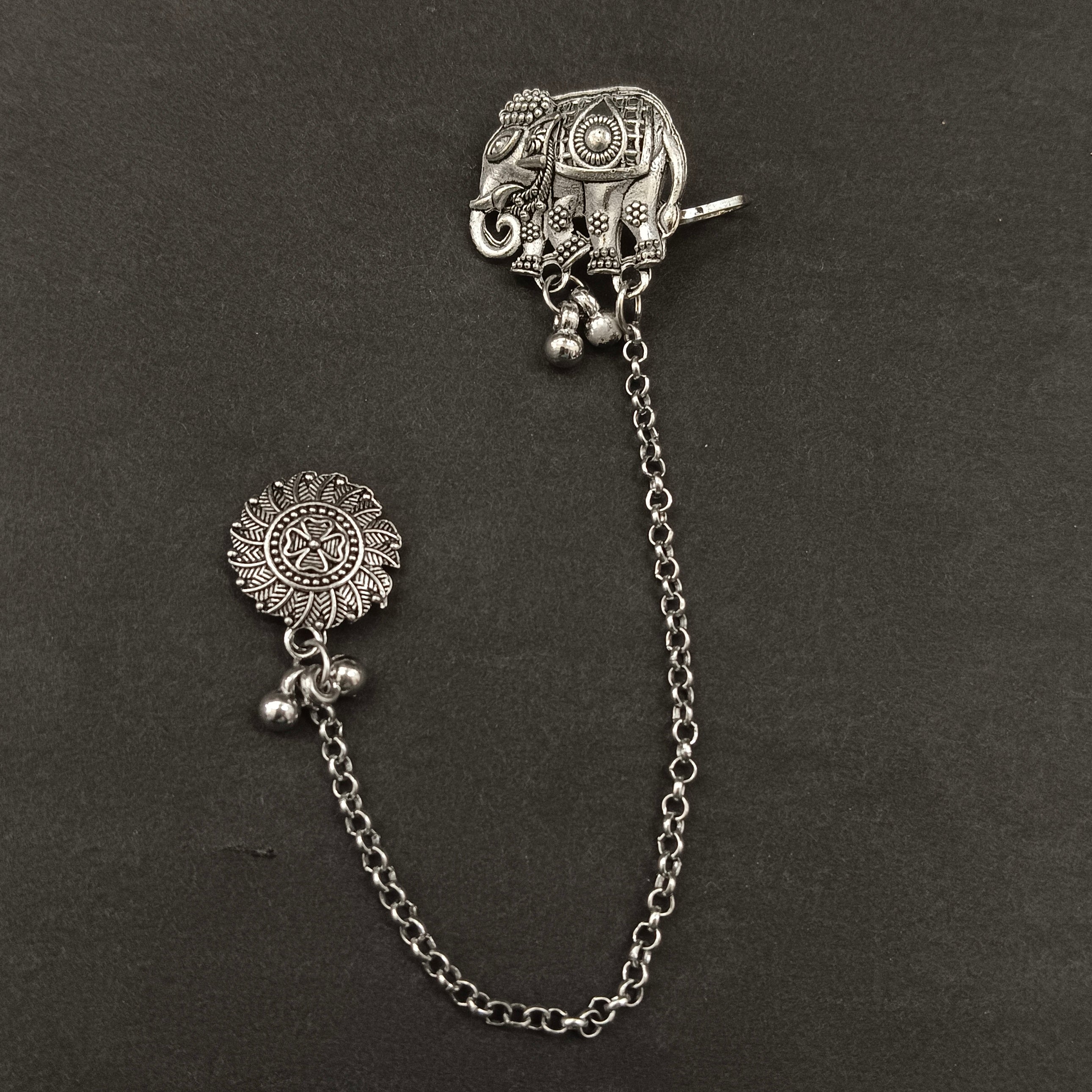 Darshana Jewels Oxidised Elephant Chain Ear Cuff Earrings(Pack Of 6)