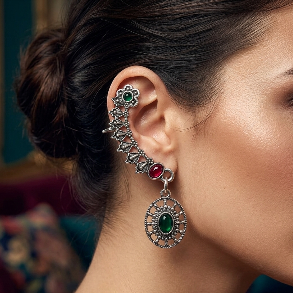 Darshana Jewels Oxidised Plated Pink And Green Ear Cuff For Women And Girls(Pack of 6)