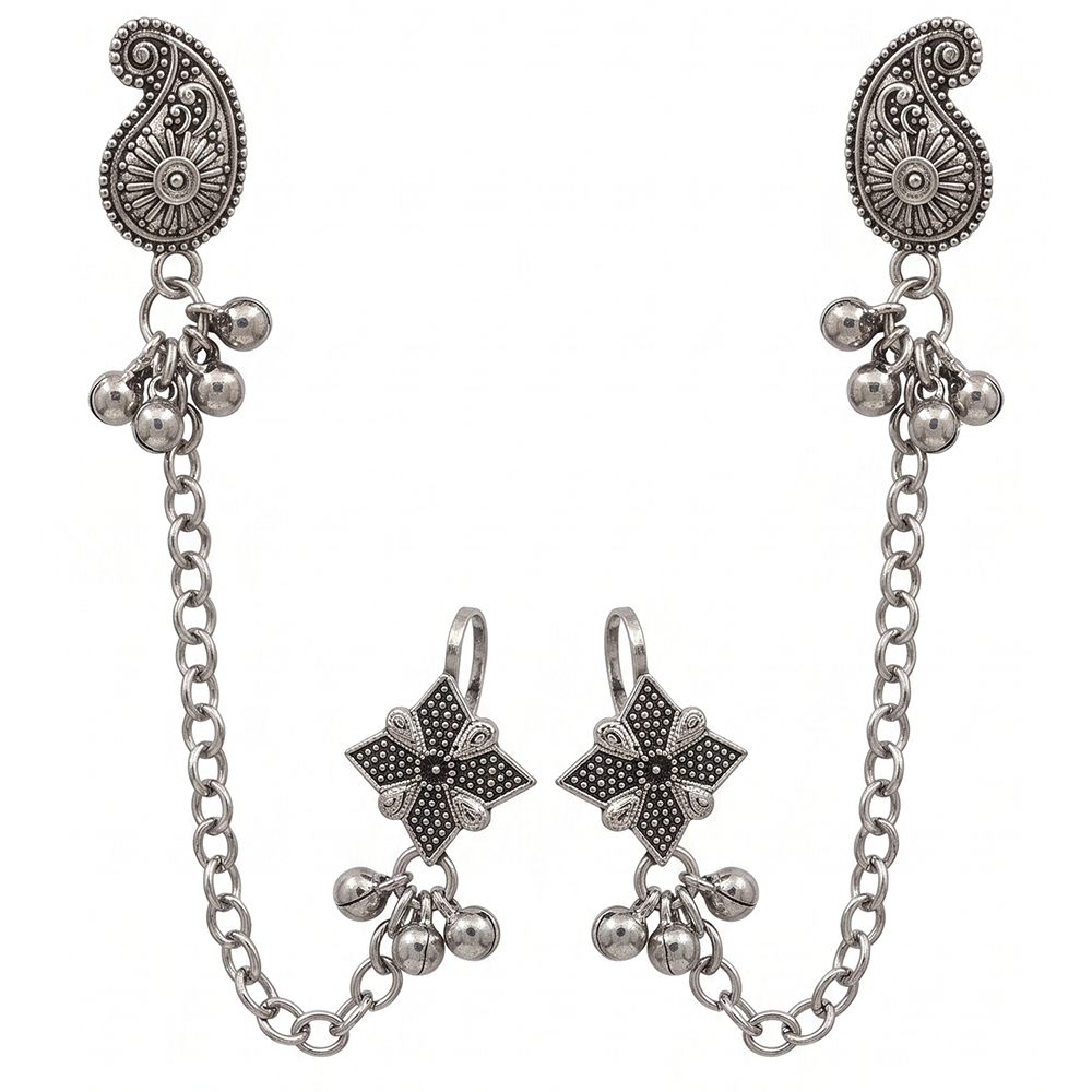 Darshana Jewels Boho Oxidised Paisley Chain Ear Cuff Earrings