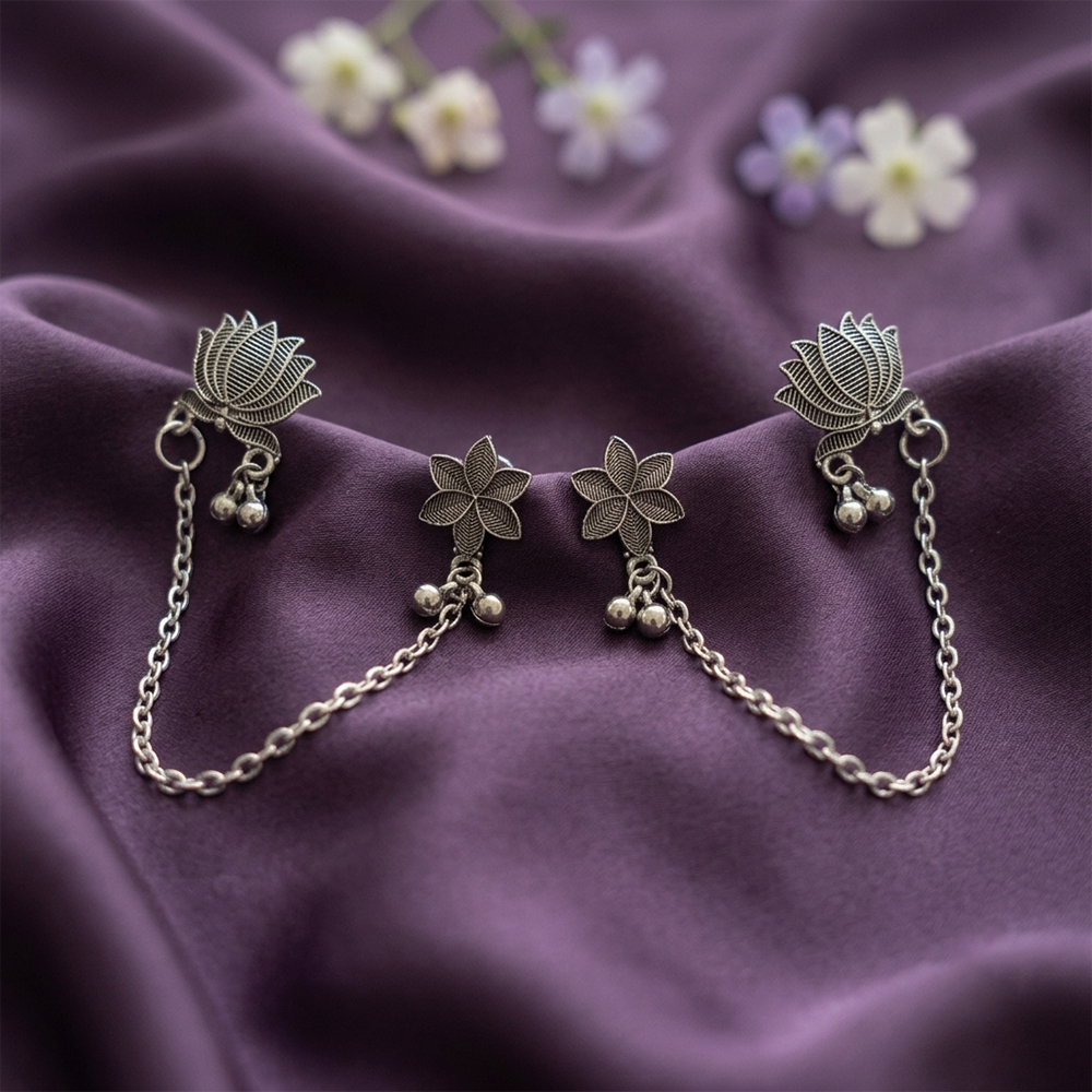Urthn Traditional Lotus Motif Oxidised Earcuff for Women (Pack of 6)